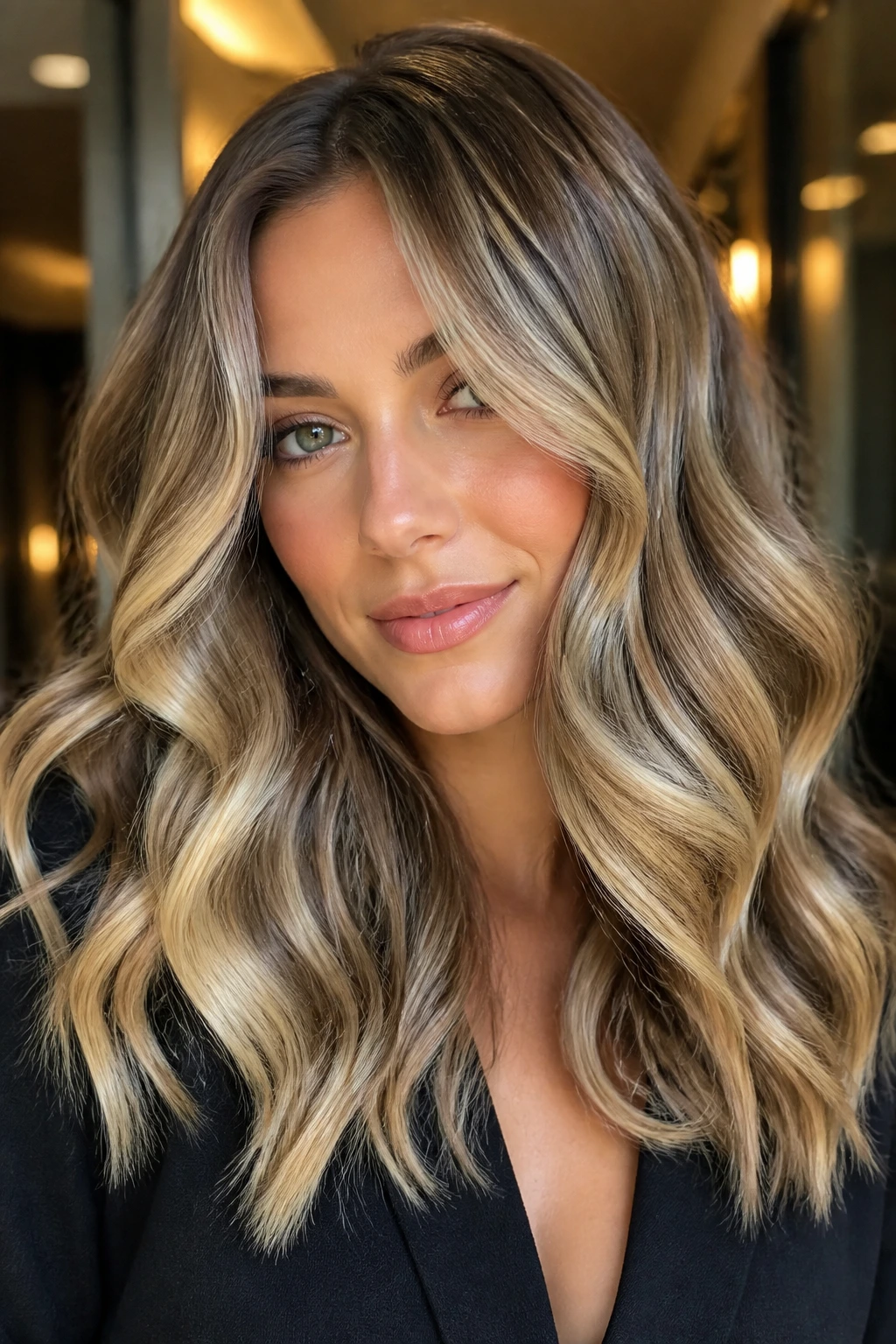 Real woman with polished S-waves and champagne highlights