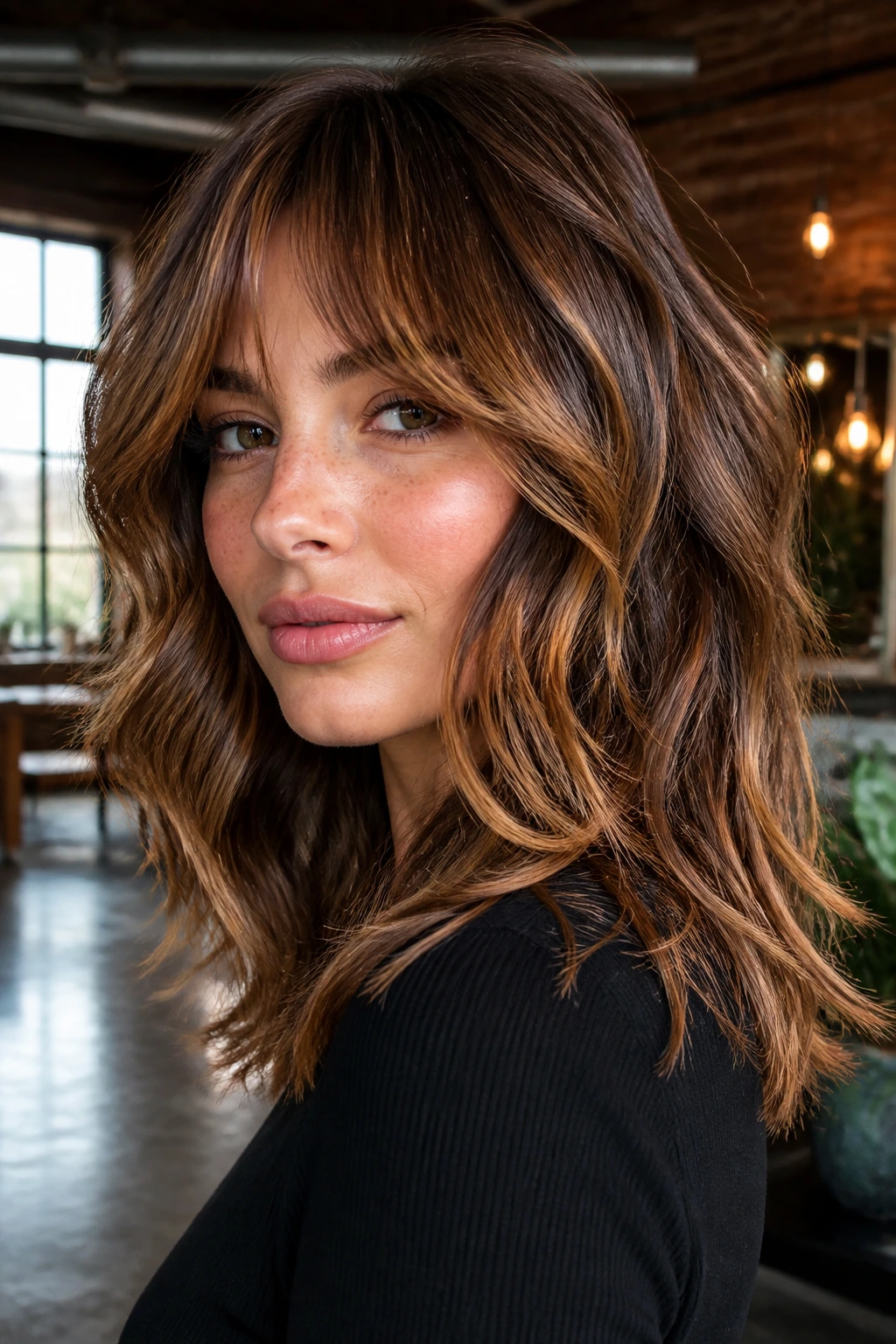 Close-up portrait of a real person with a glam polished shag and caramel highlights