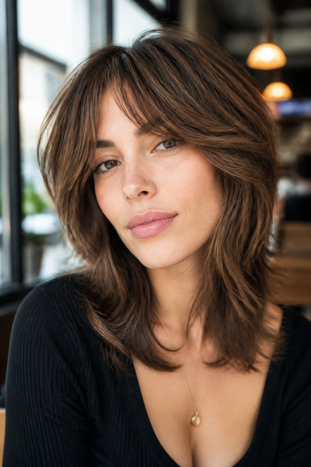 Close-up of real person with face-opening shag highlighting cheekbones