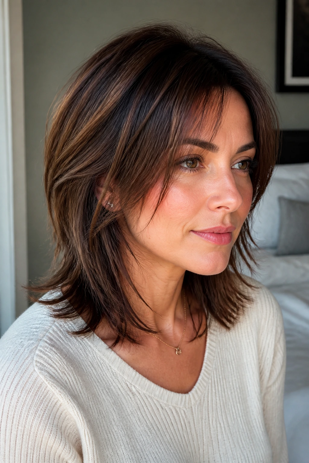 Close-up of a real woman with a polished shag hairstyle featuring soft layers and a smooth crown.