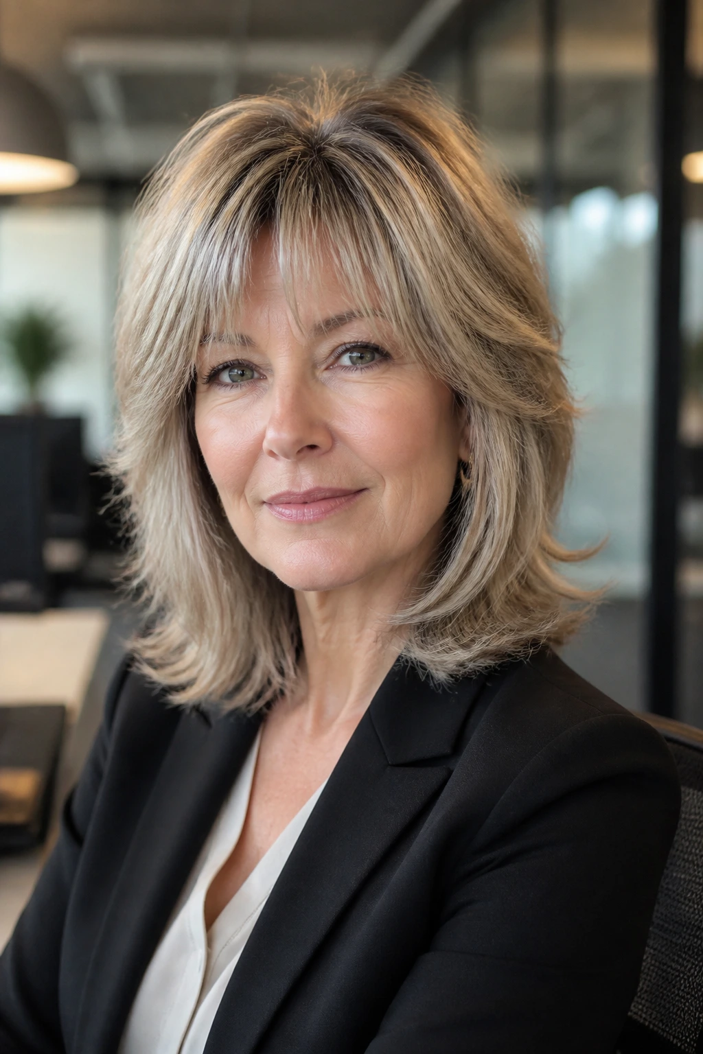 Close-up portrait of a woman with office-ready polished shag in a bright office