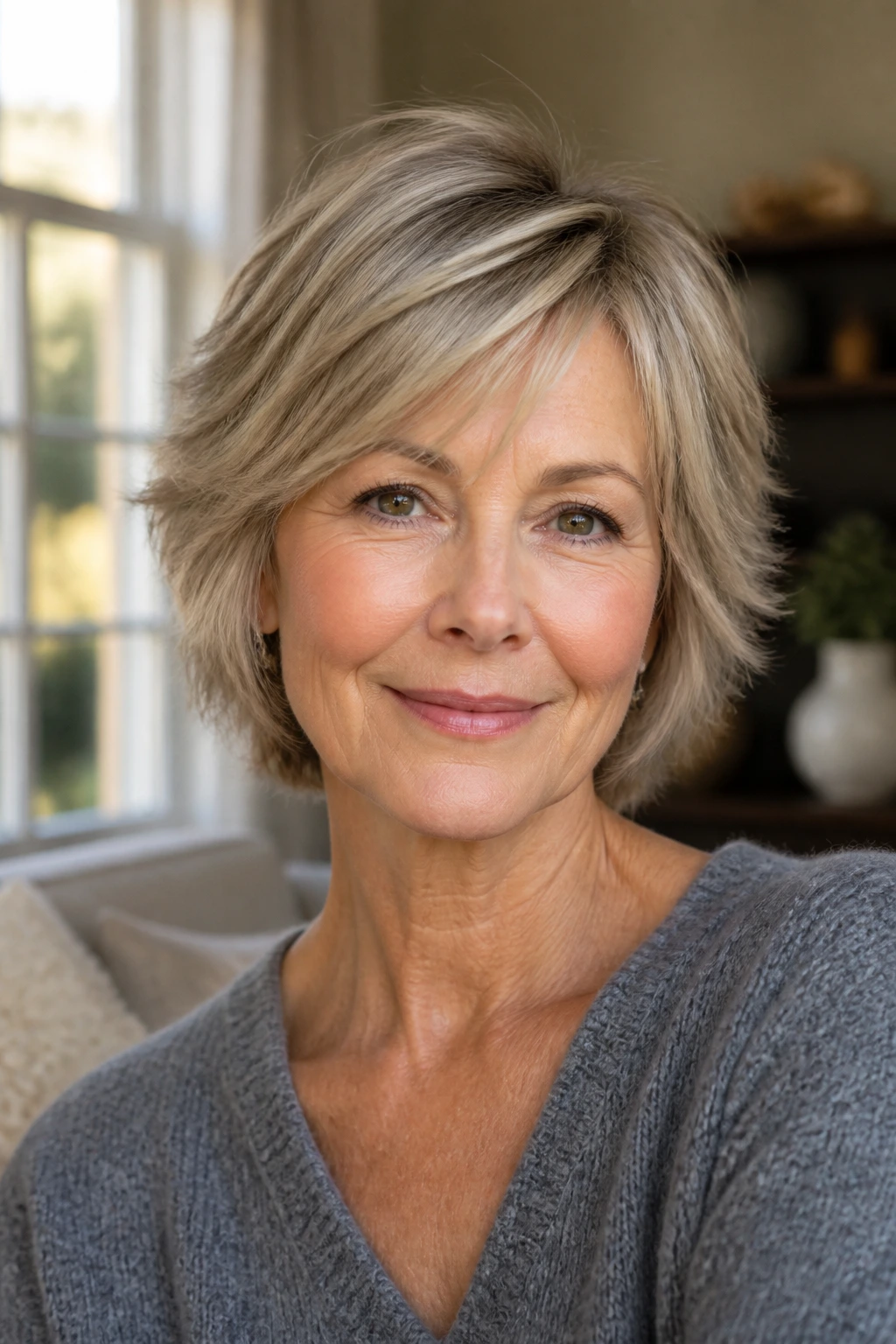 Close-up portrait of a real woman with a polished short shag for straight fine hair.