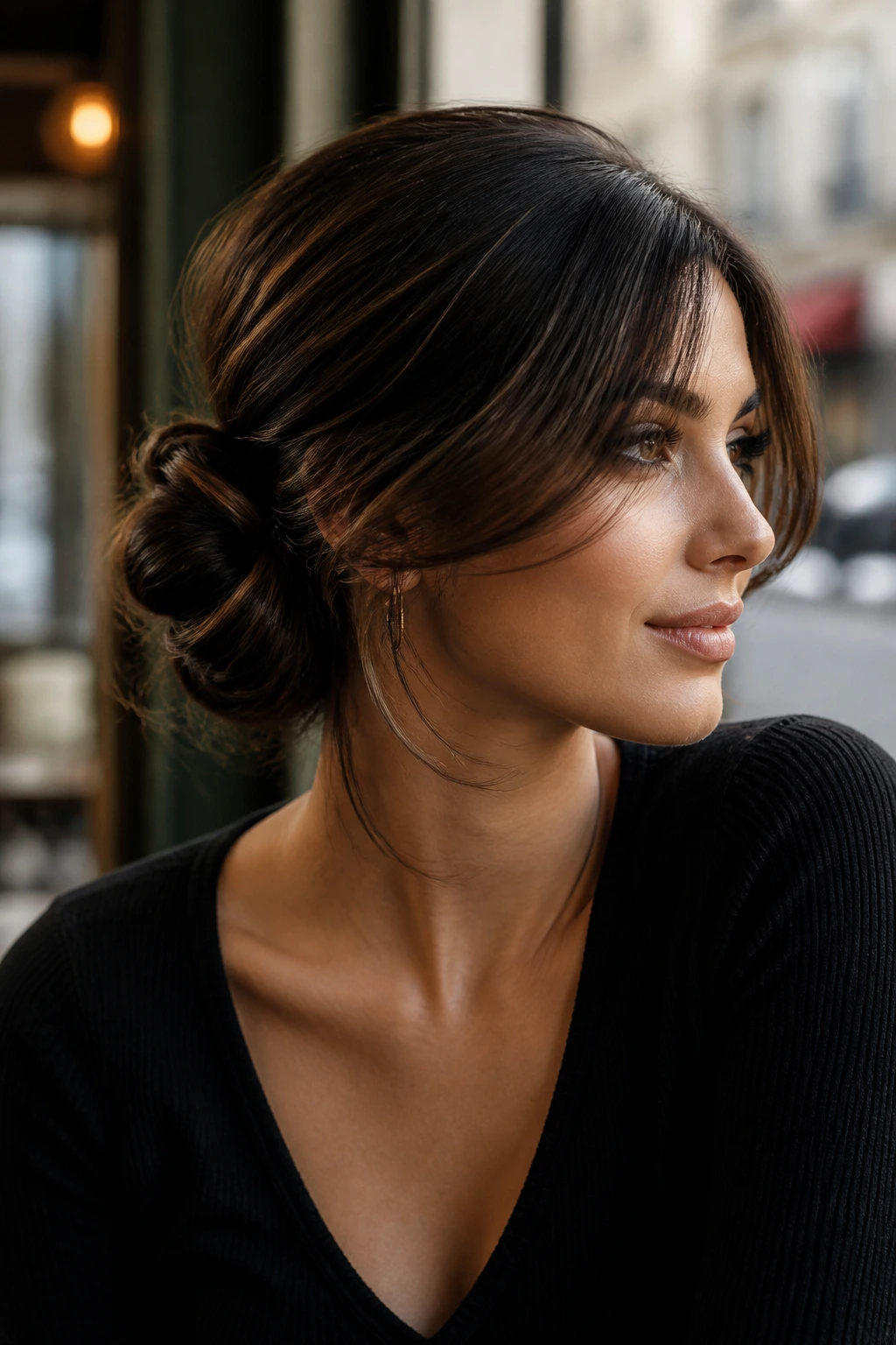 Close-up of polished side bun with curved fringe on a real woman