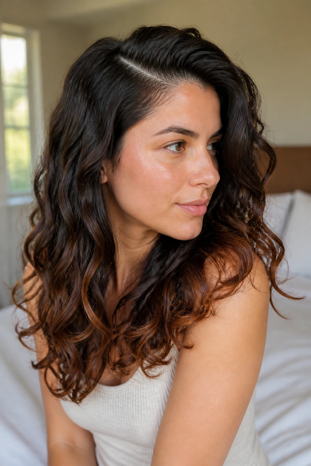 Close-up of a woman with a polished side part and chestnut ends in natural light.