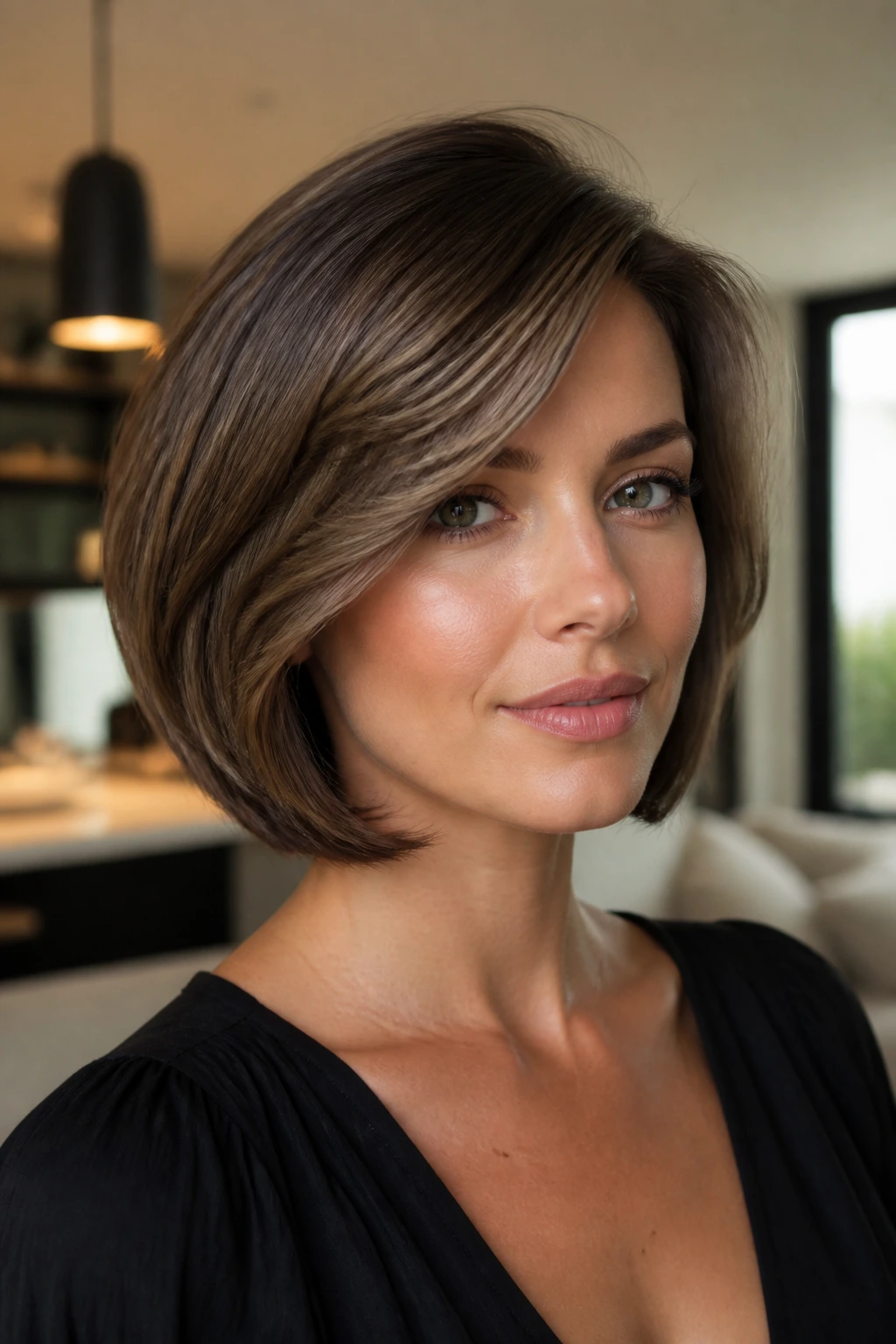 Portrait of a real woman with a polished side-swept bob framing her face