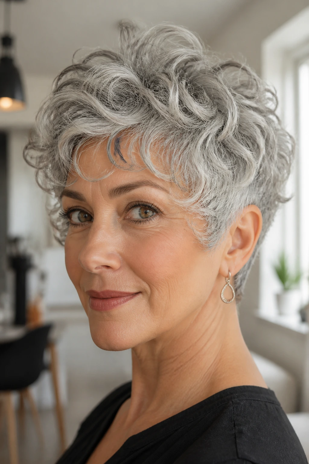 Portrait of a real woman with a polished silver pixie showing a clean finish