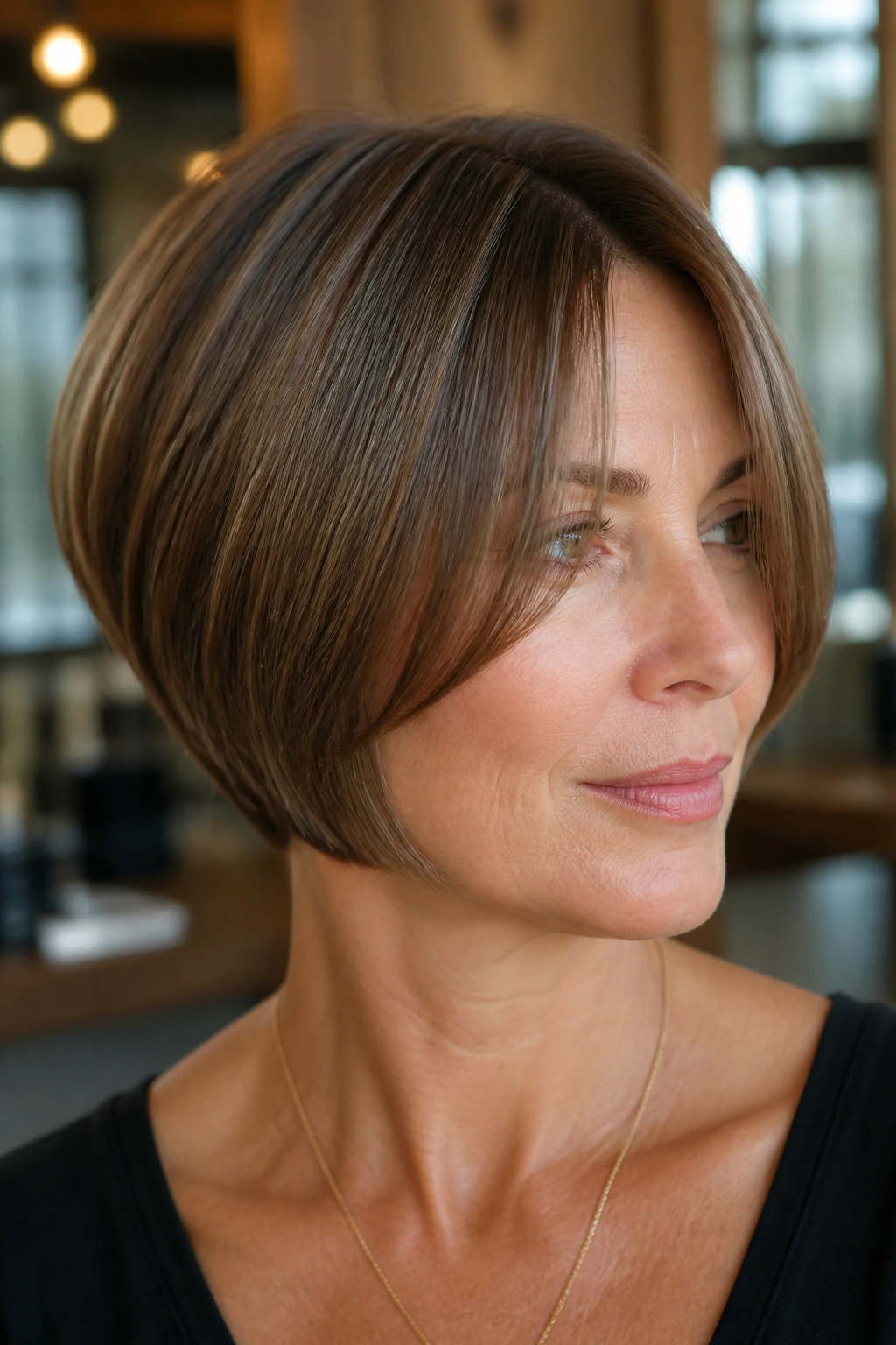 Close-up of a real woman with a polished stacked bob and razor-clean ends in a salon