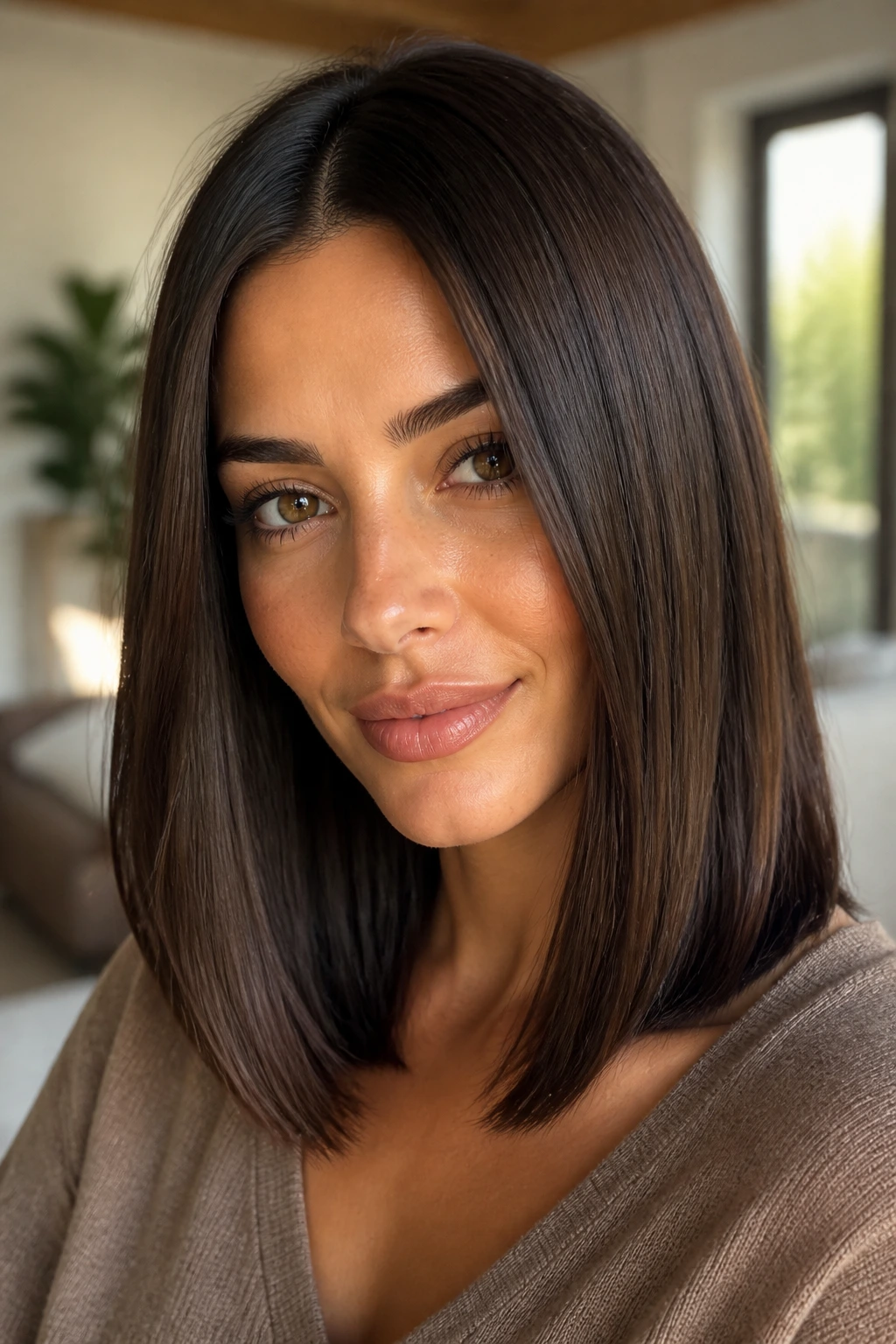 Close-up of a real woman with a polished straight cut and glossy brunette hair on olive skin