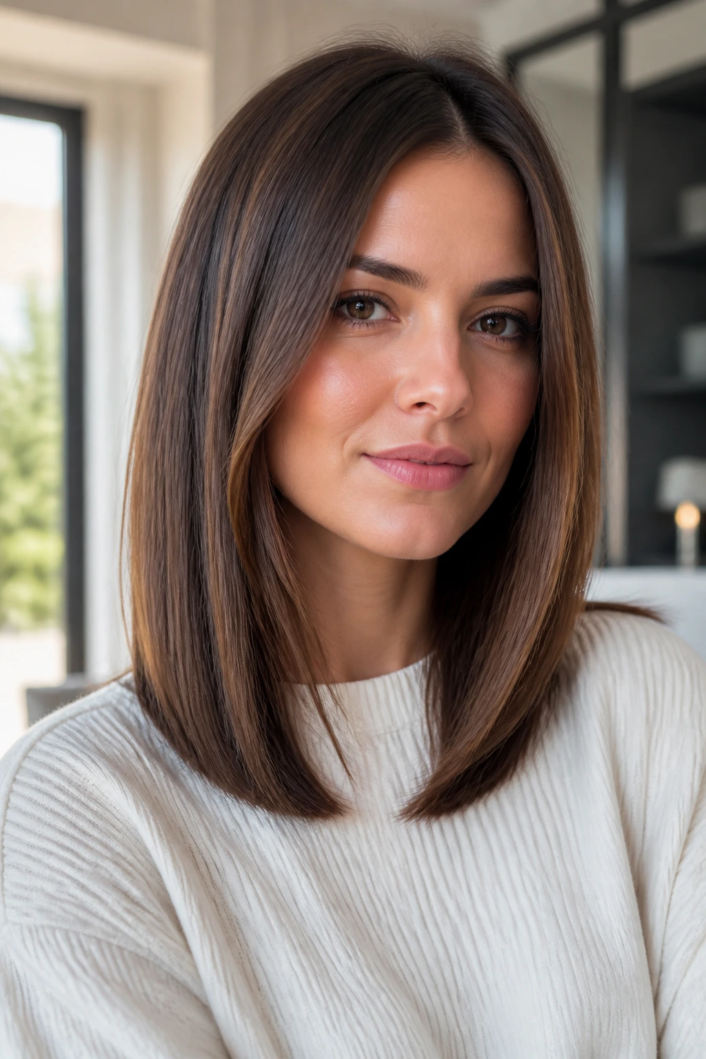 Portrait of a person with a polished straight cut and tucked-in front
