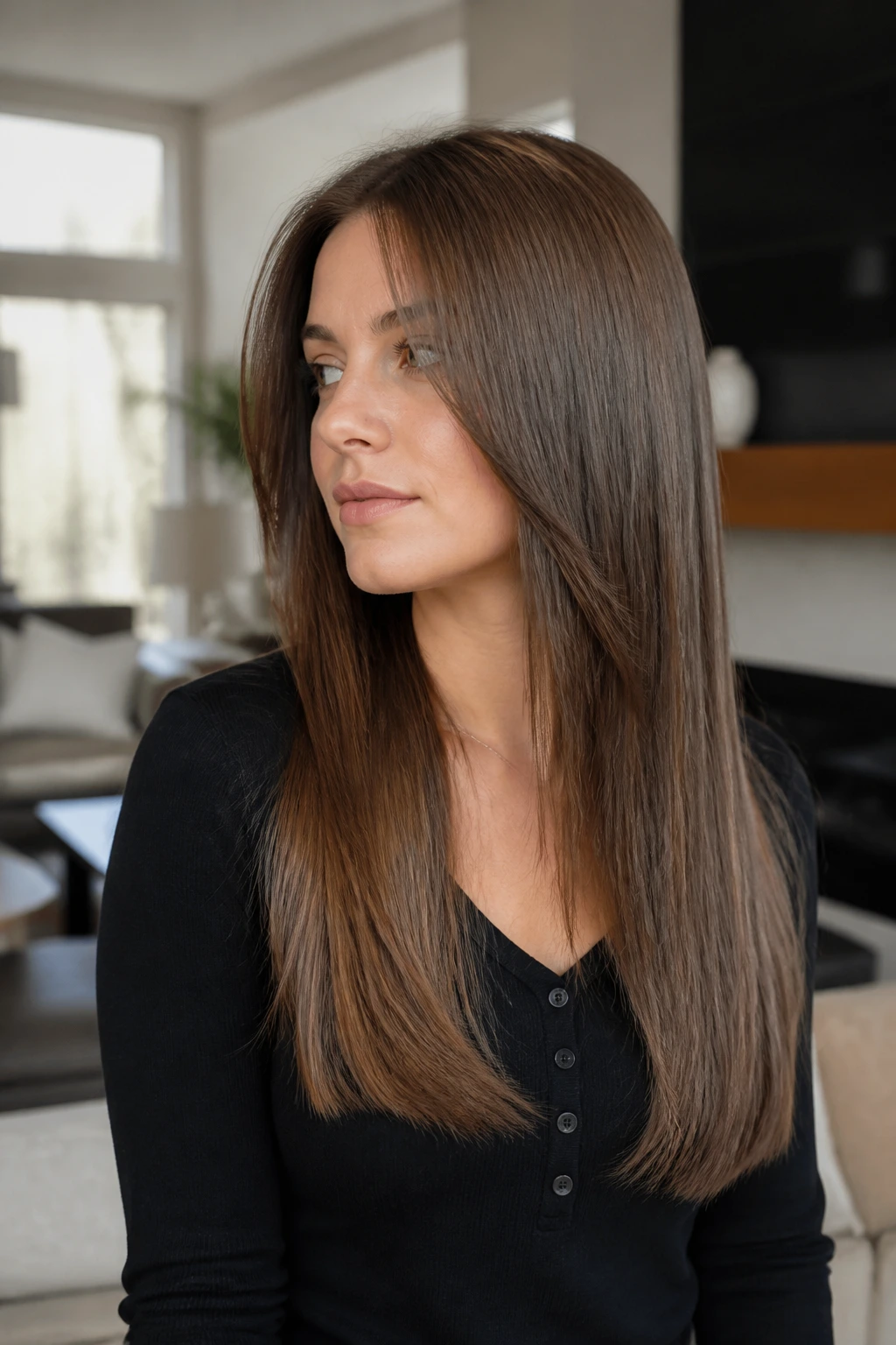 Real woman with polished straight hair and invisible layers, glossy finish in natural light