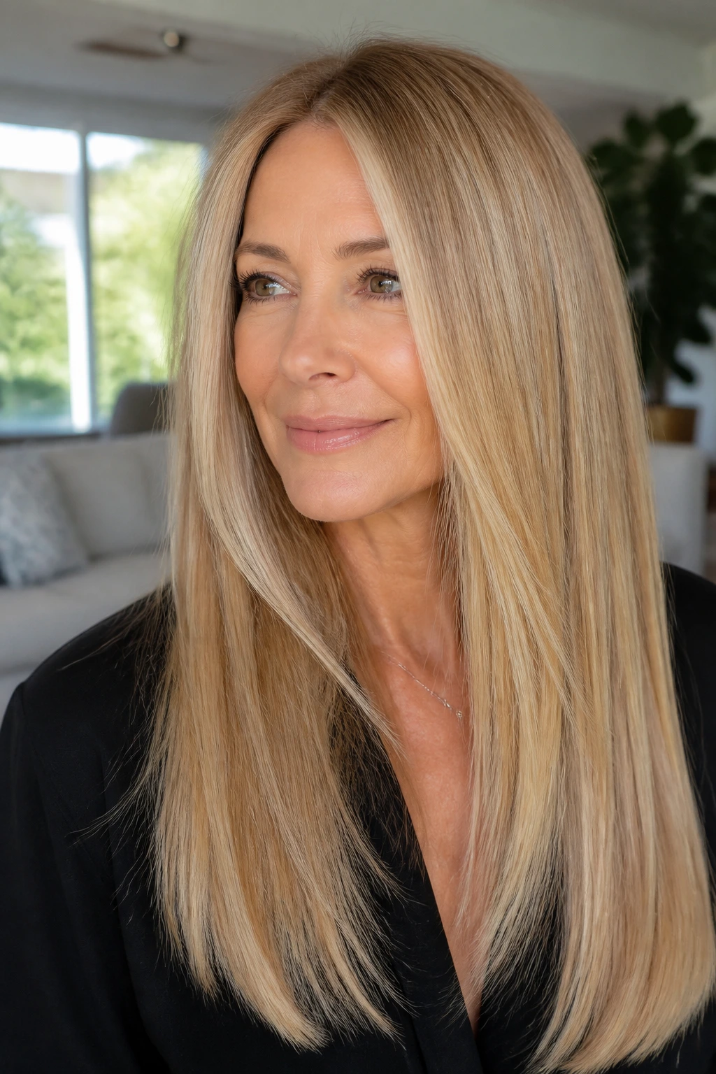 Real woman's long straight hair with invisible layers