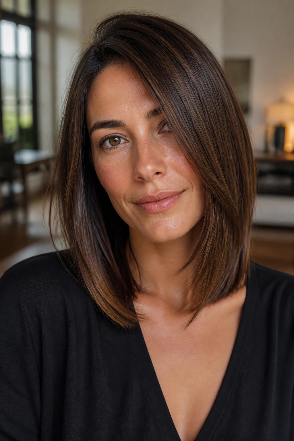 Portrait of a real woman with a polished straight lob and hidden shaping