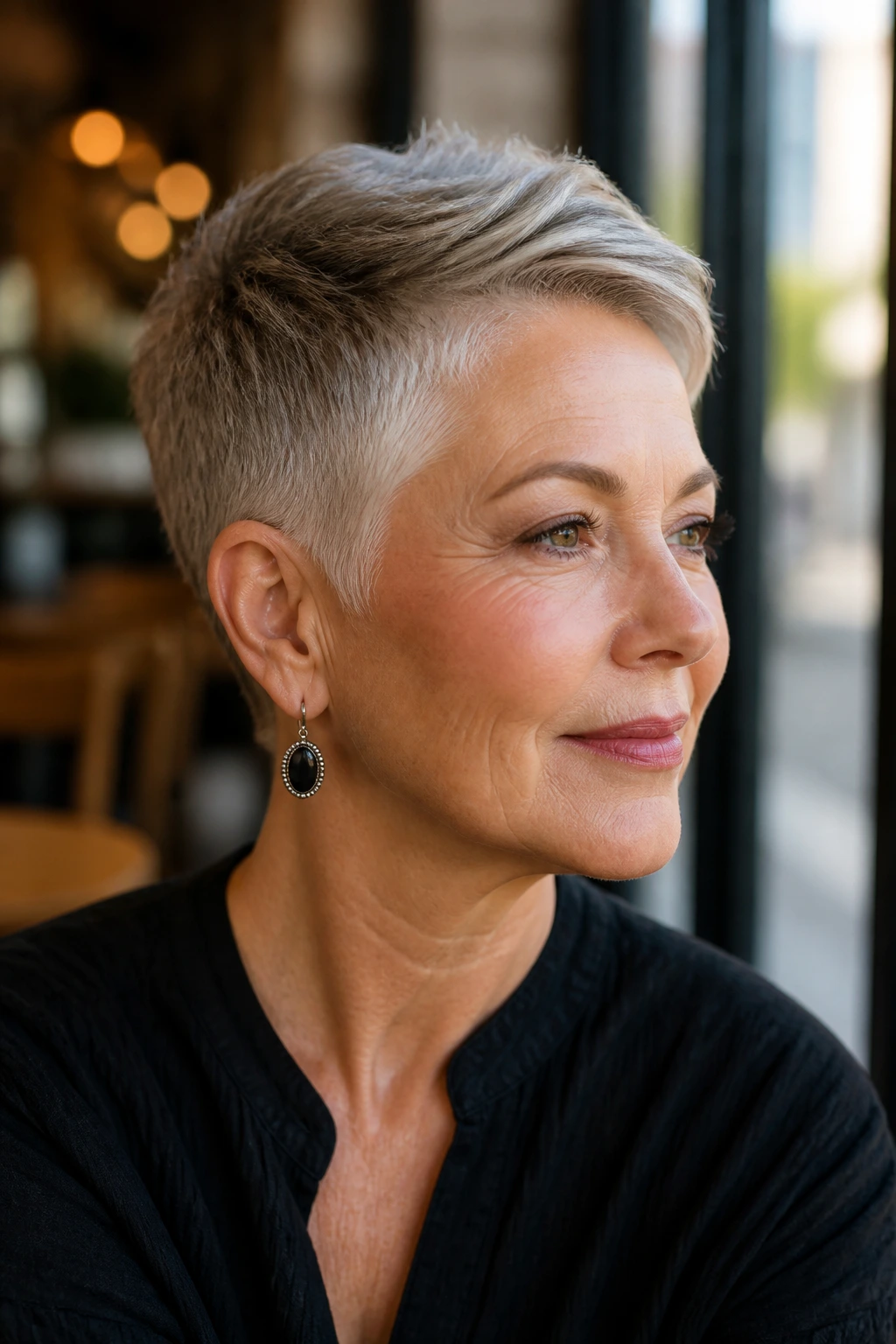 Portrait of a woman with a polished tapered crop and clean ear line