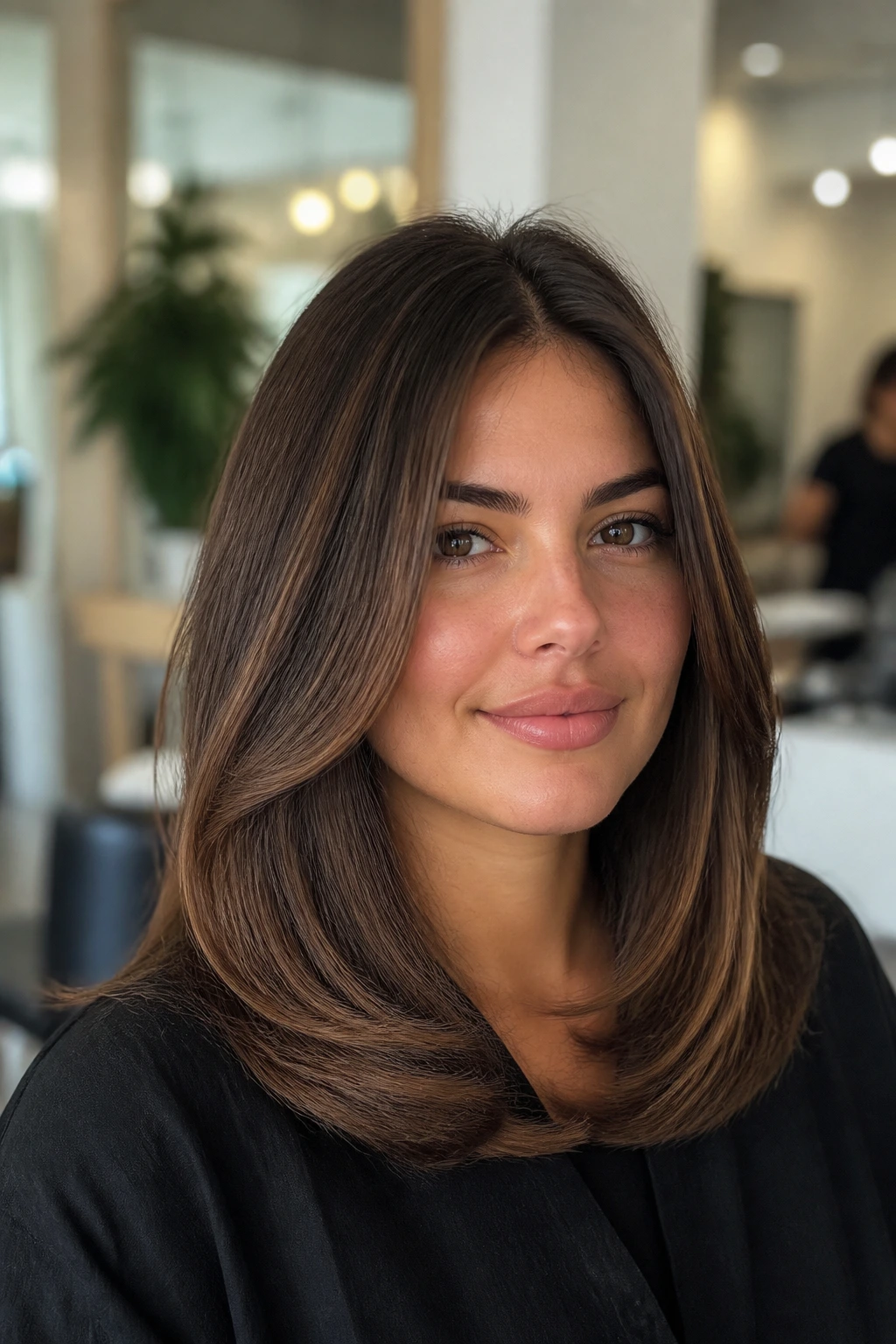 Real woman with polished tucked-in layers forming a soft vertical frame around the face.