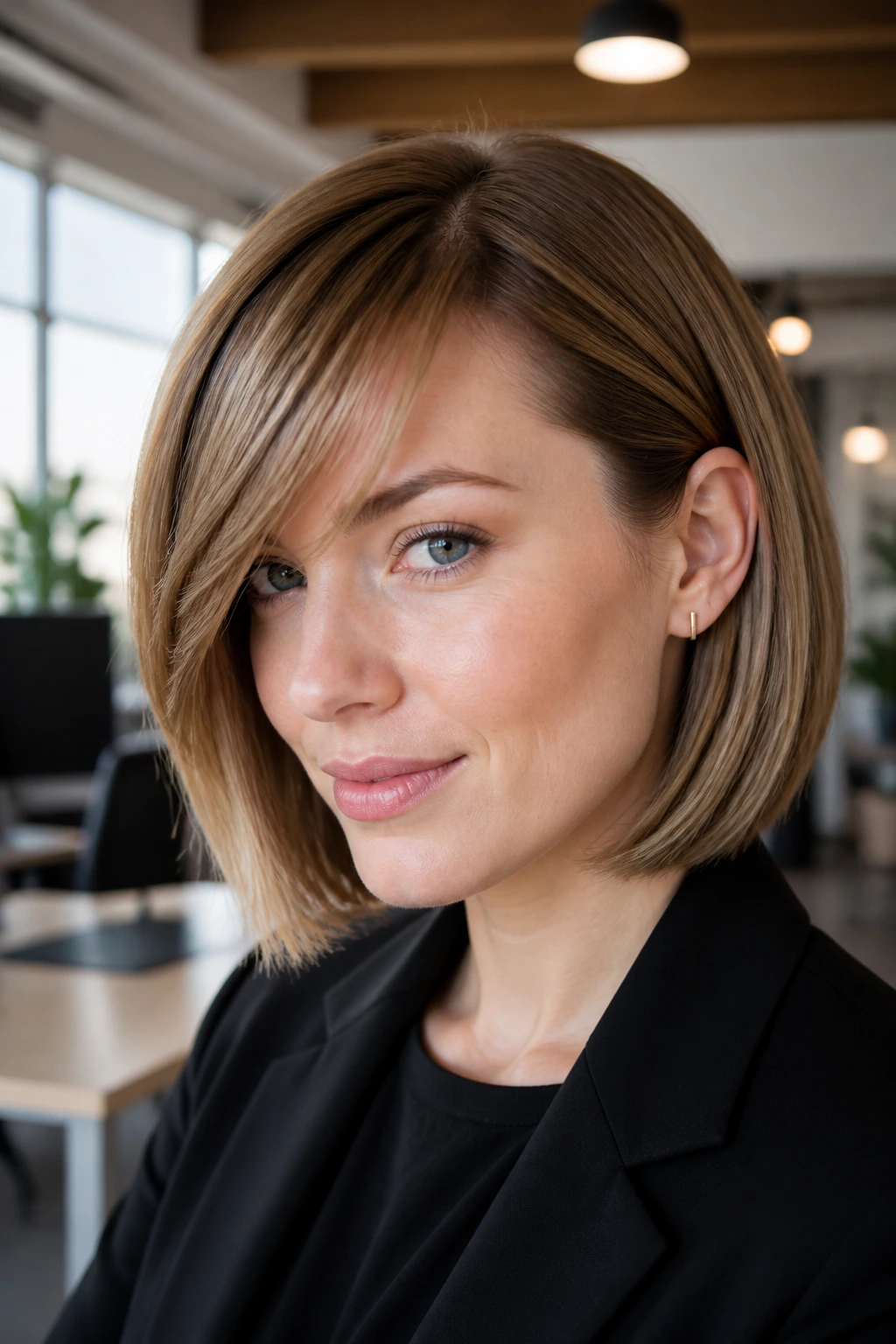 Close-up of a real person with a polished tucked lob and diagonal bang