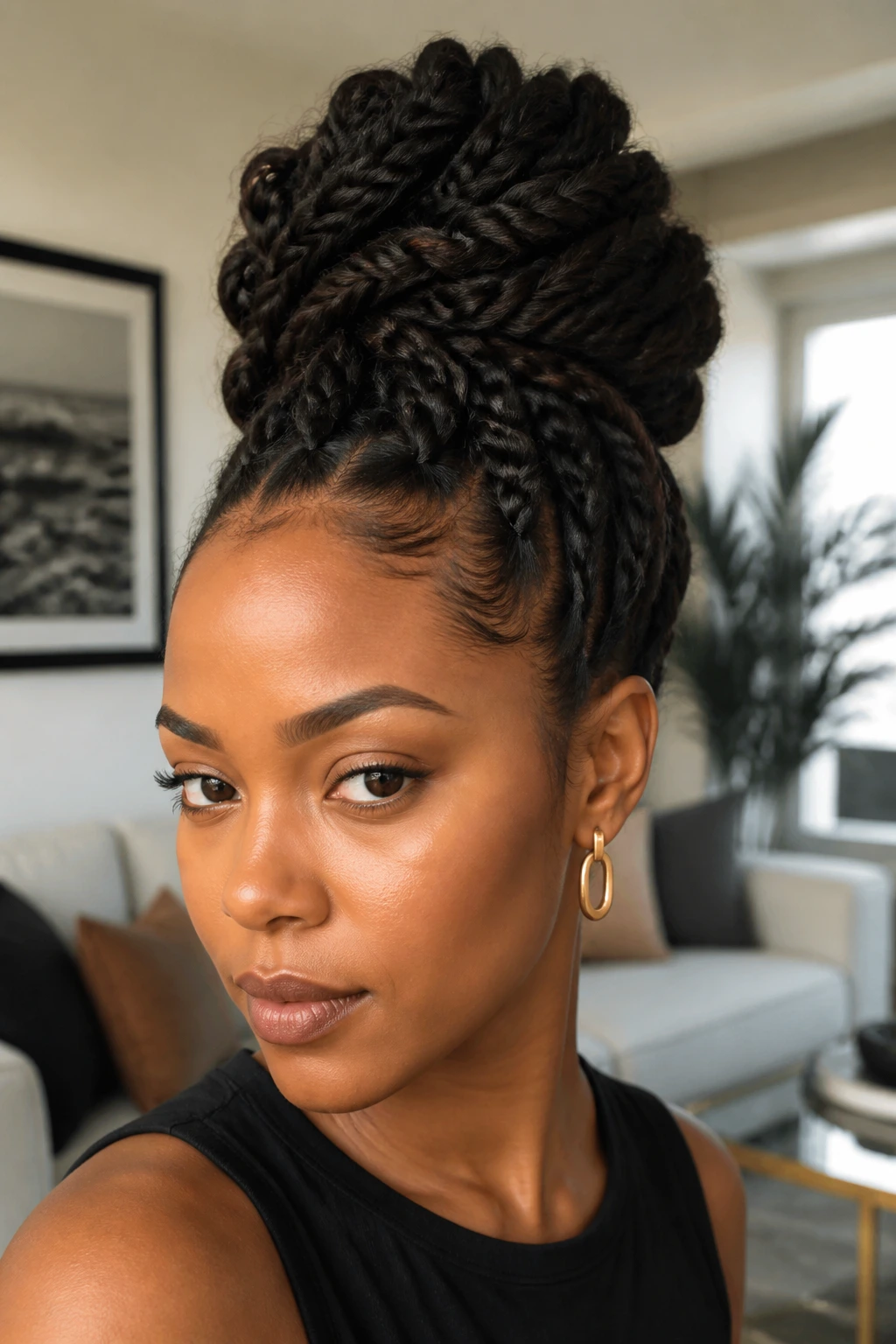 Close-up of a real person wearing a polished twist bun in a bright room.