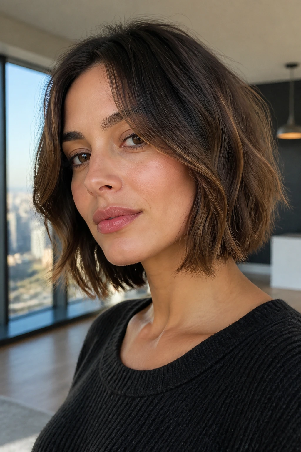 Close-up of a woman with a polished undone bob showing smooth base and textured ends
