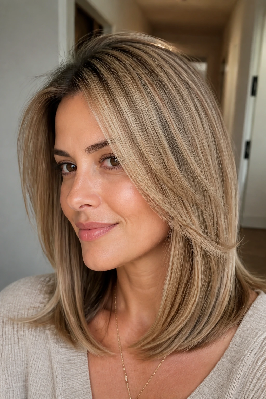 Real woman with polished volume layers for fine straight hair, crown lift