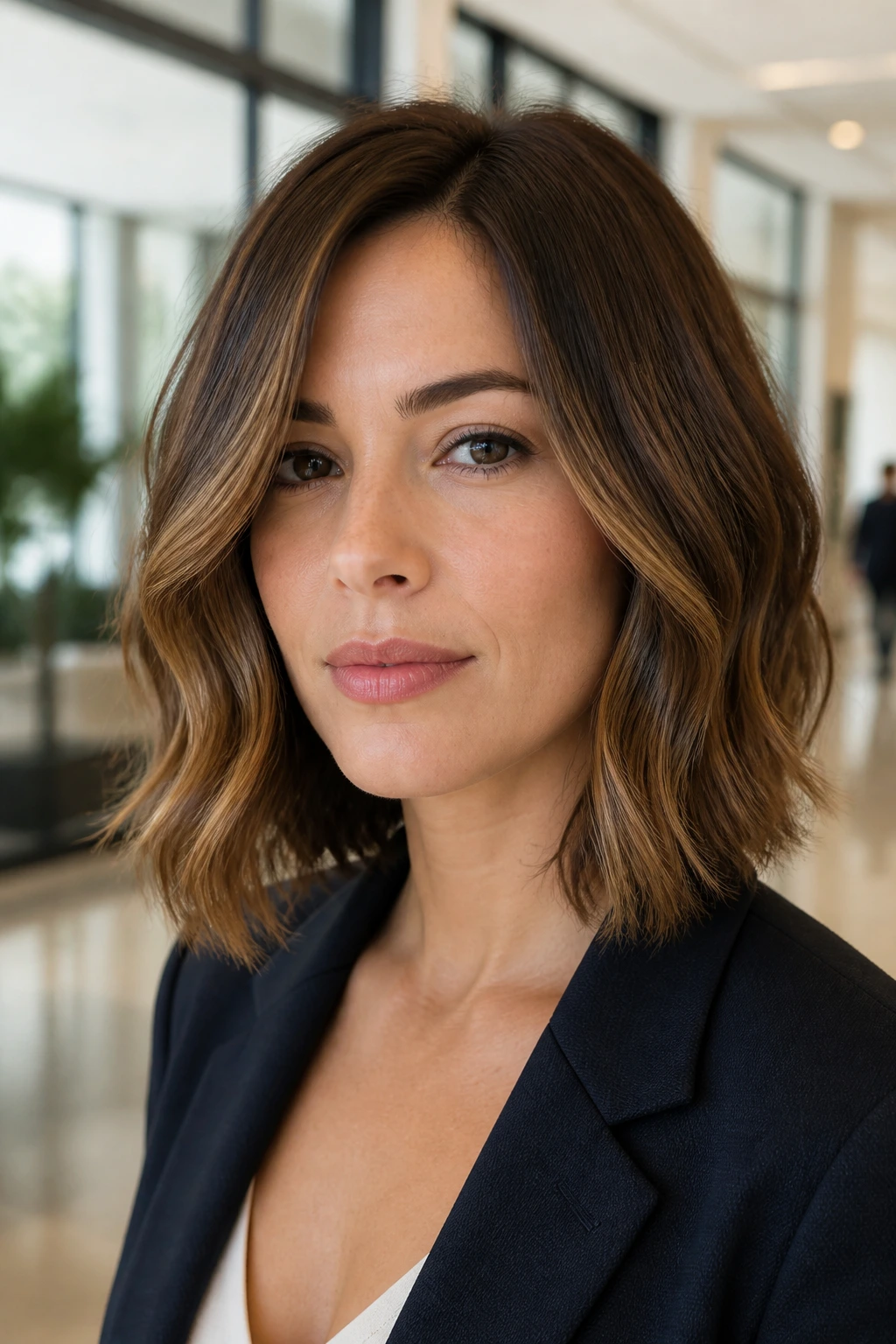 Close-up portrait of a real woman with polished wave lob in diffused daylight