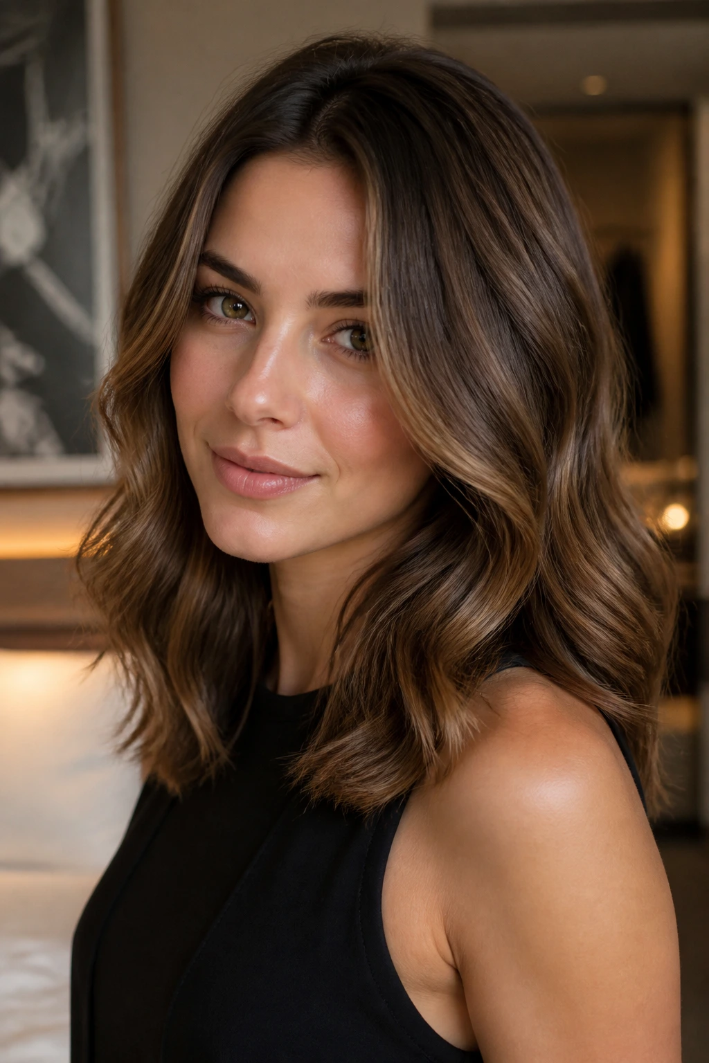 Real person with polished medium waves and a face-framing piece in warm indoor light.