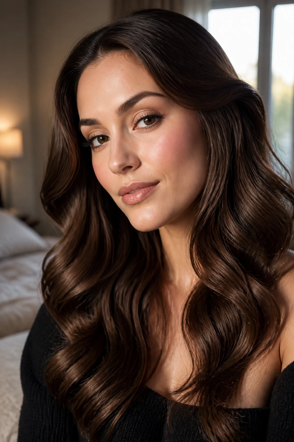 Close-up of a real woman with glossy polished evening waves framing her face, window-lit background.