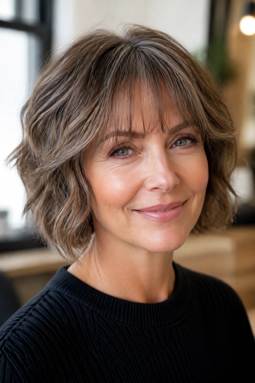 Close-up of a real woman with a polished wavy bob and blended bangs in a modern interior.