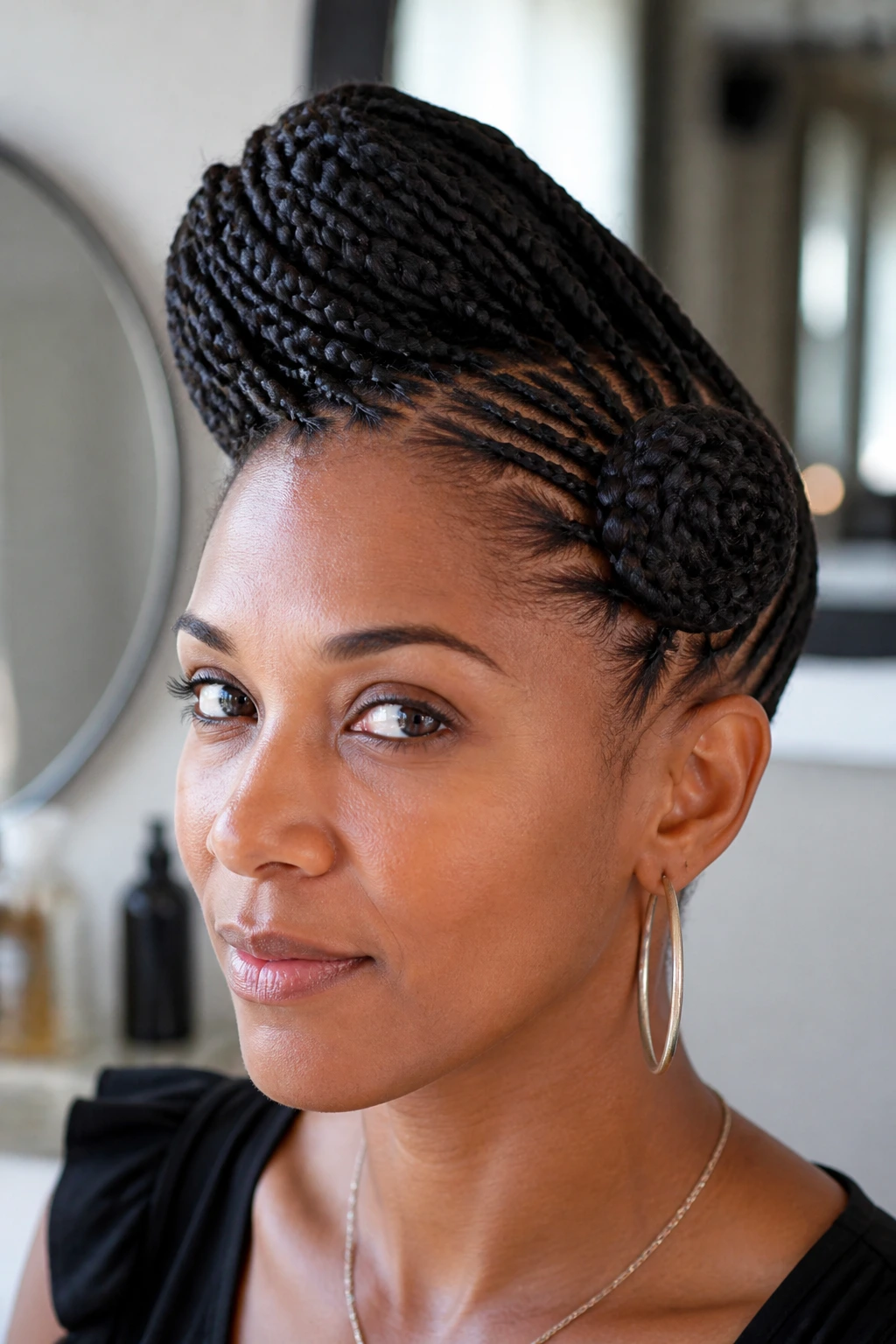 Close-up of a real woman with braided pompadour and side knot