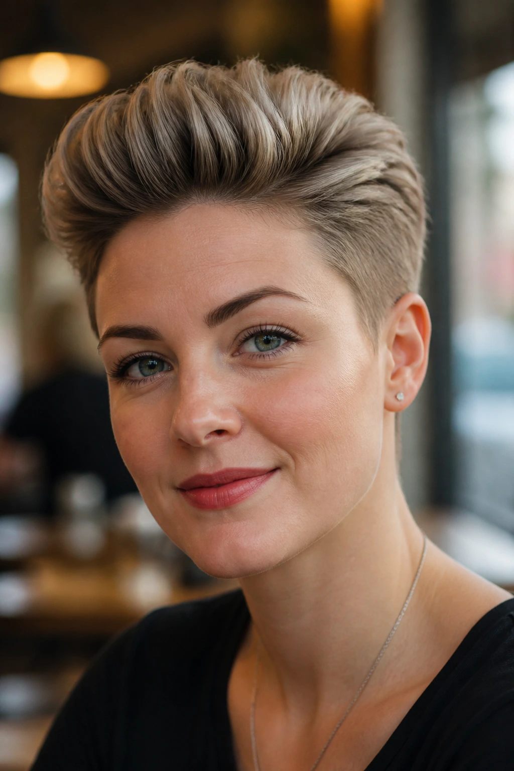 Close-up portrait of a real woman with pompadour-lite quiff
