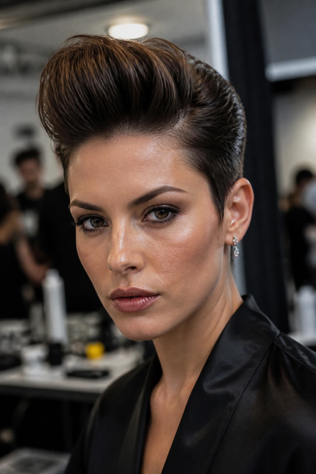 Close-up of a woman with a sculpted pompadour pixie under dramatic lighting