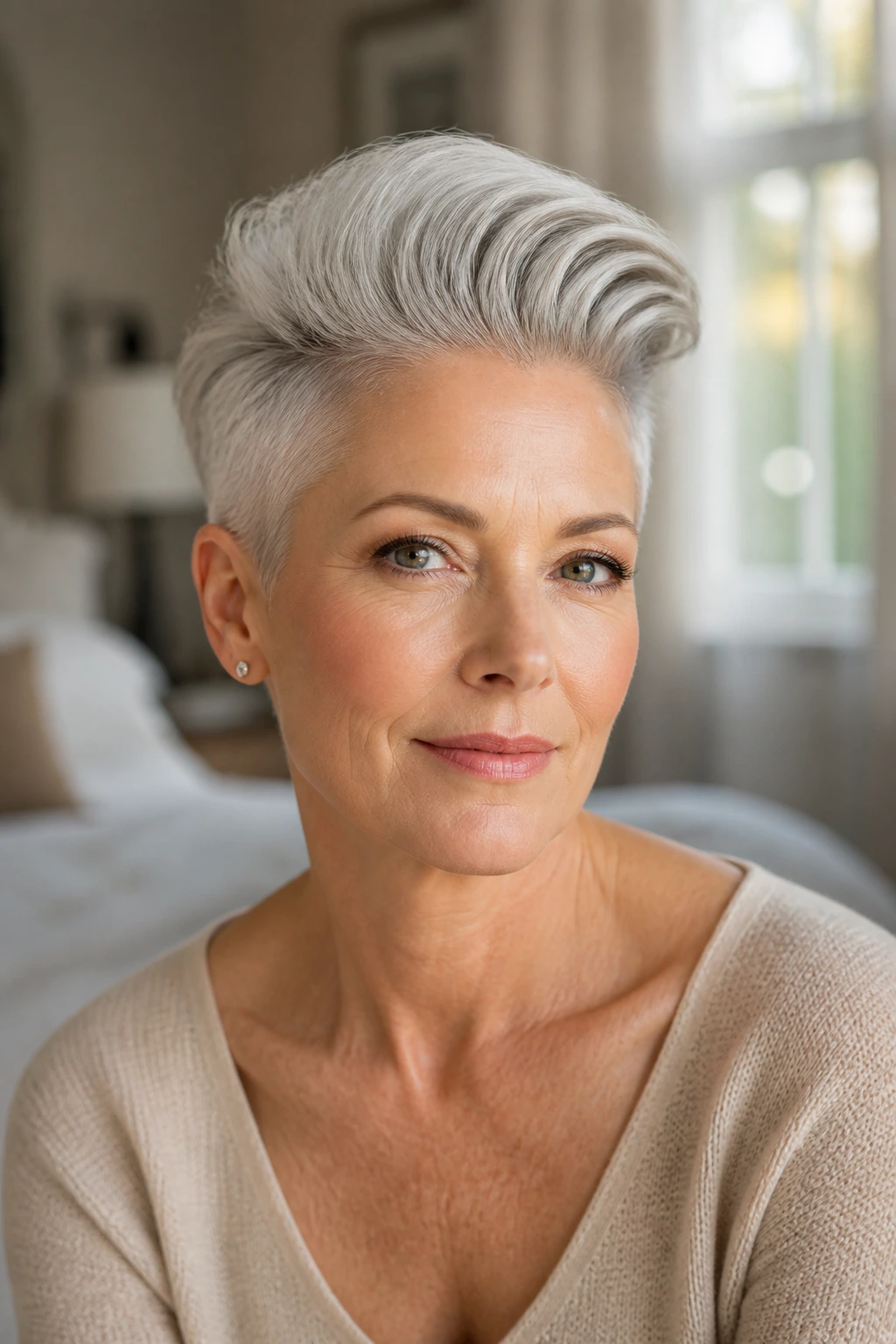 Close-up of a real woman with a swept-back pompadour pixie in warm window light