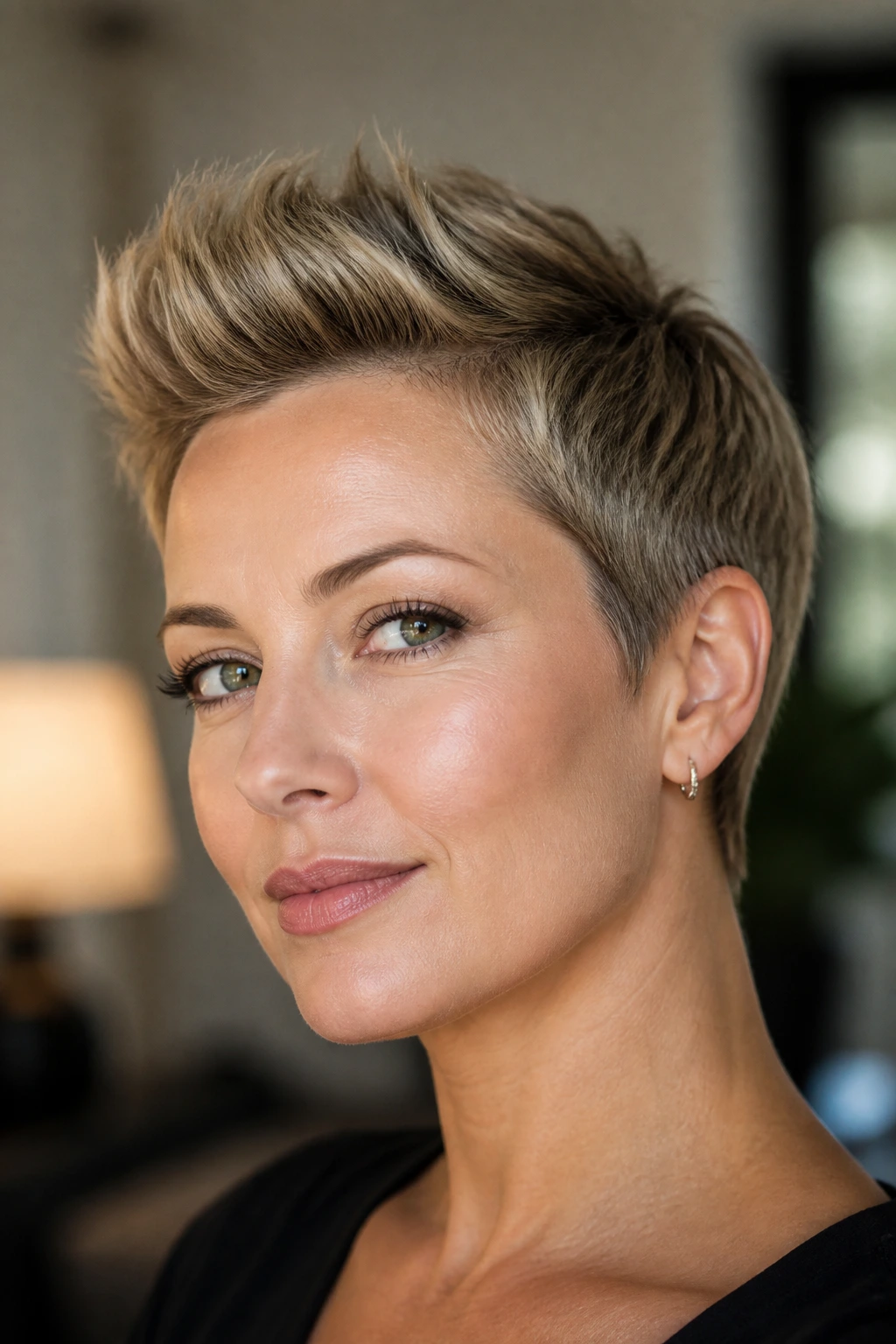 Portrait of a real woman with a mini pompadour pixie hairstyle