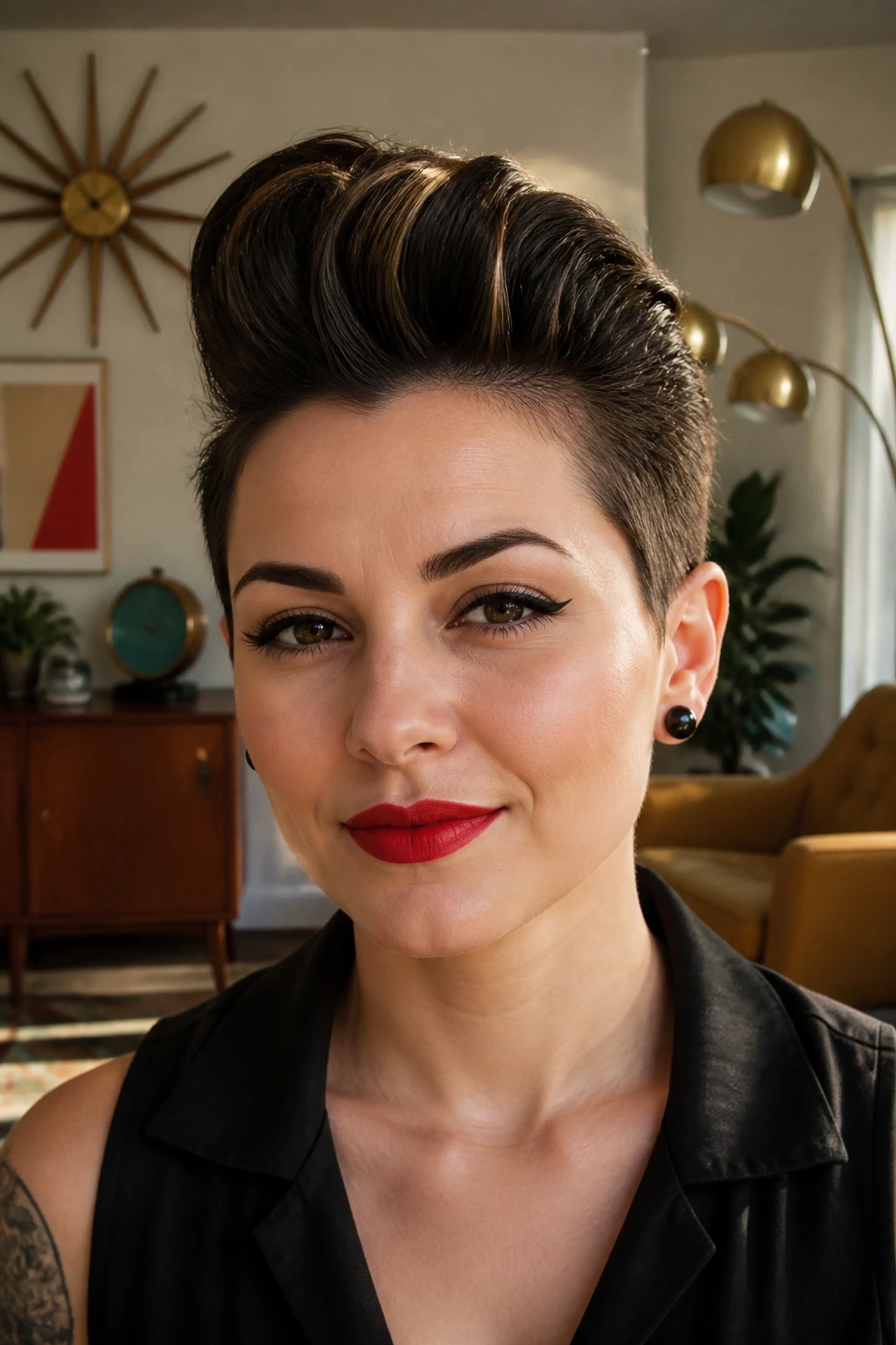 Portrait of a real woman with rockabilly pompadour pixie hairstyle