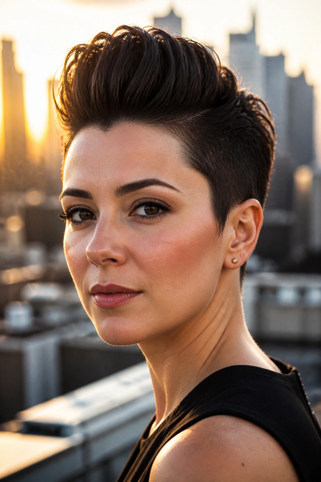 Close-up portrait of a real woman with swept-back pompadour pixie against city skyline at golden hour.