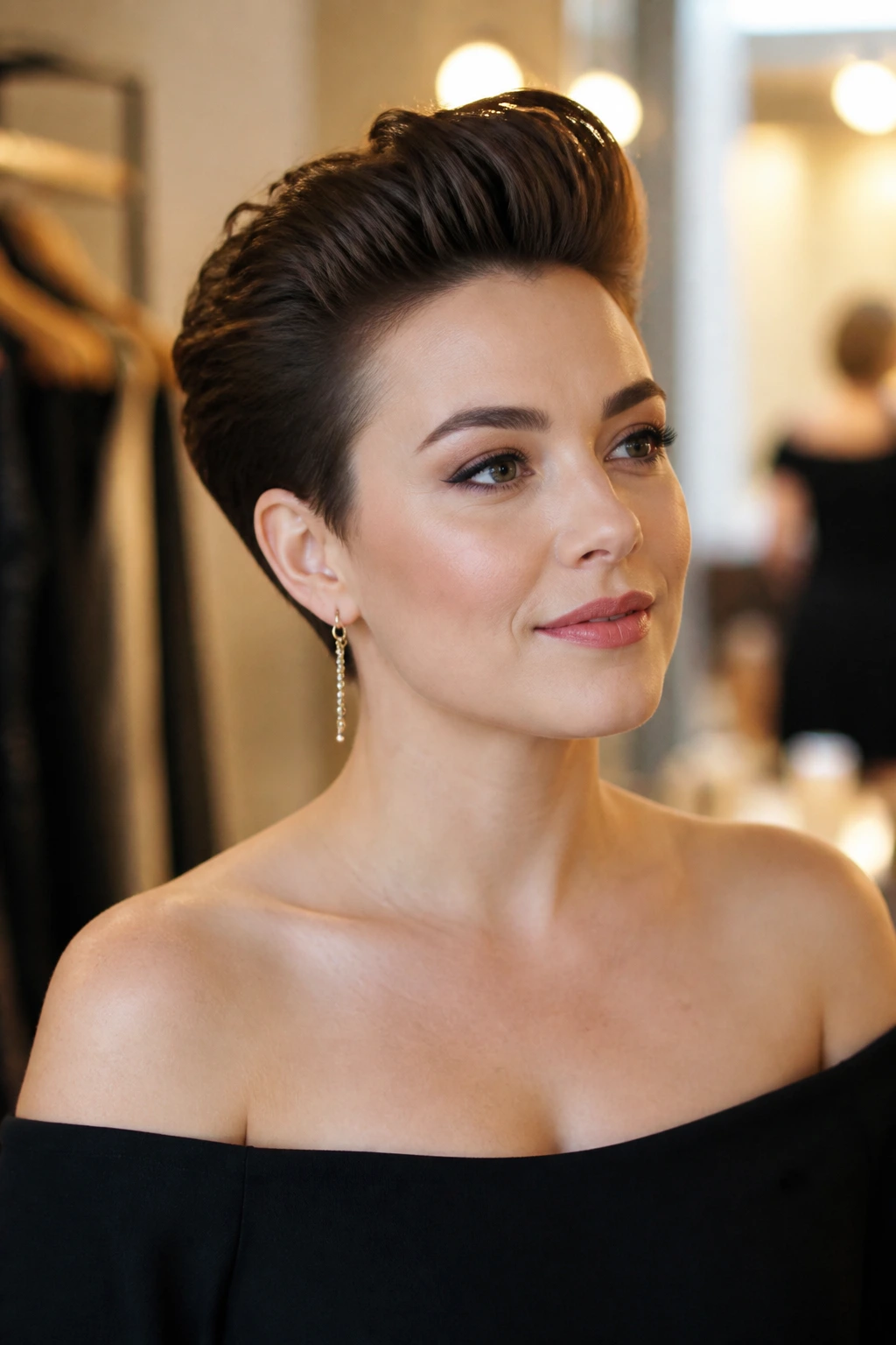 Close-up of mini pompadour with bare shoulders and off-shoulder dress.