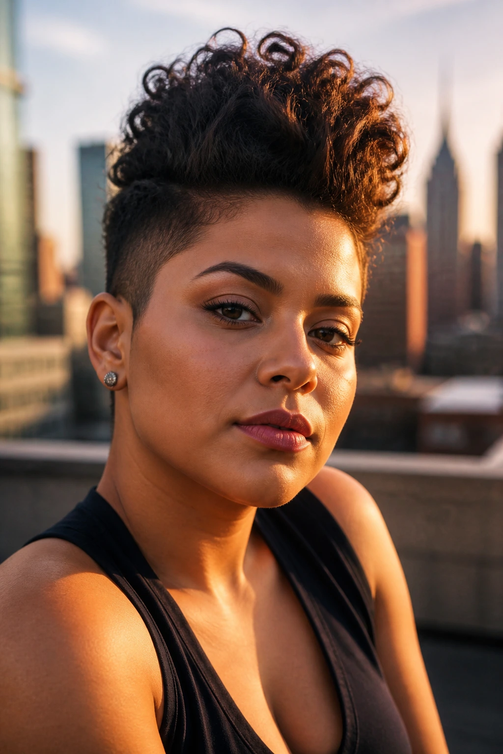 Real woman with pompadour puff and short sides in portrait.