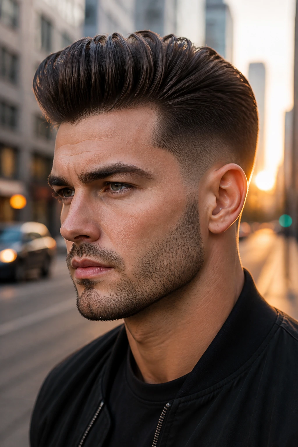 Close-up of a man with a pompadour taper fade against an urban backdrop.