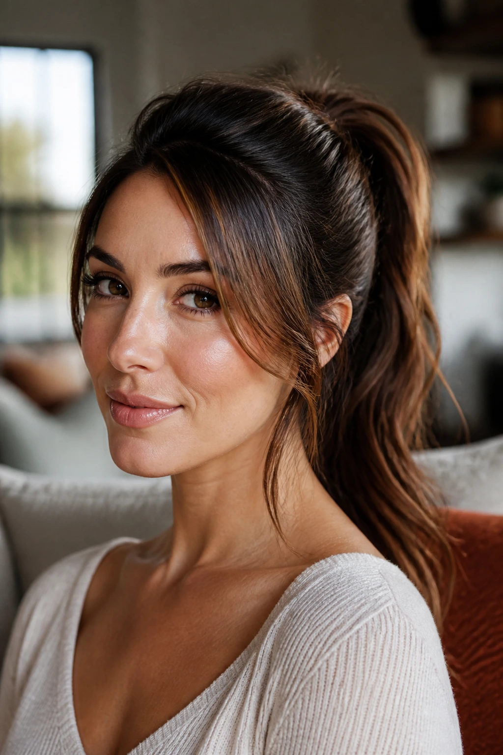 Portrait of a woman with a balanced ponytail softening a heart-shaped face