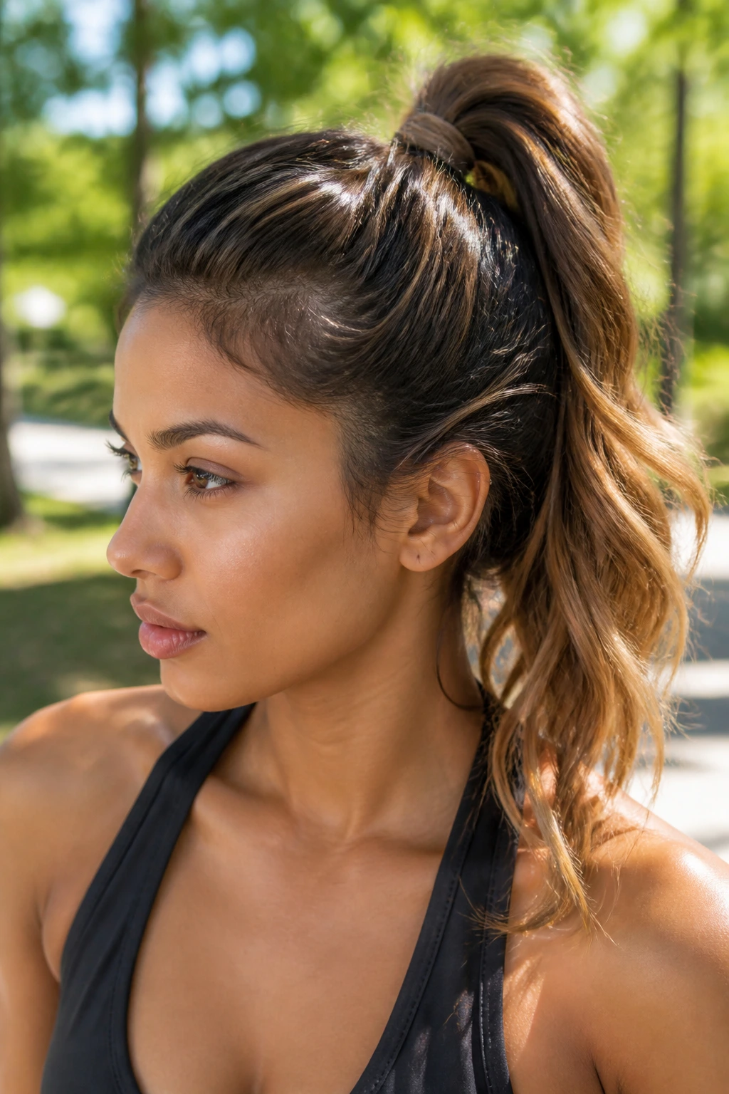 Real woman with tousled high ponytail and sunlit caramel ends