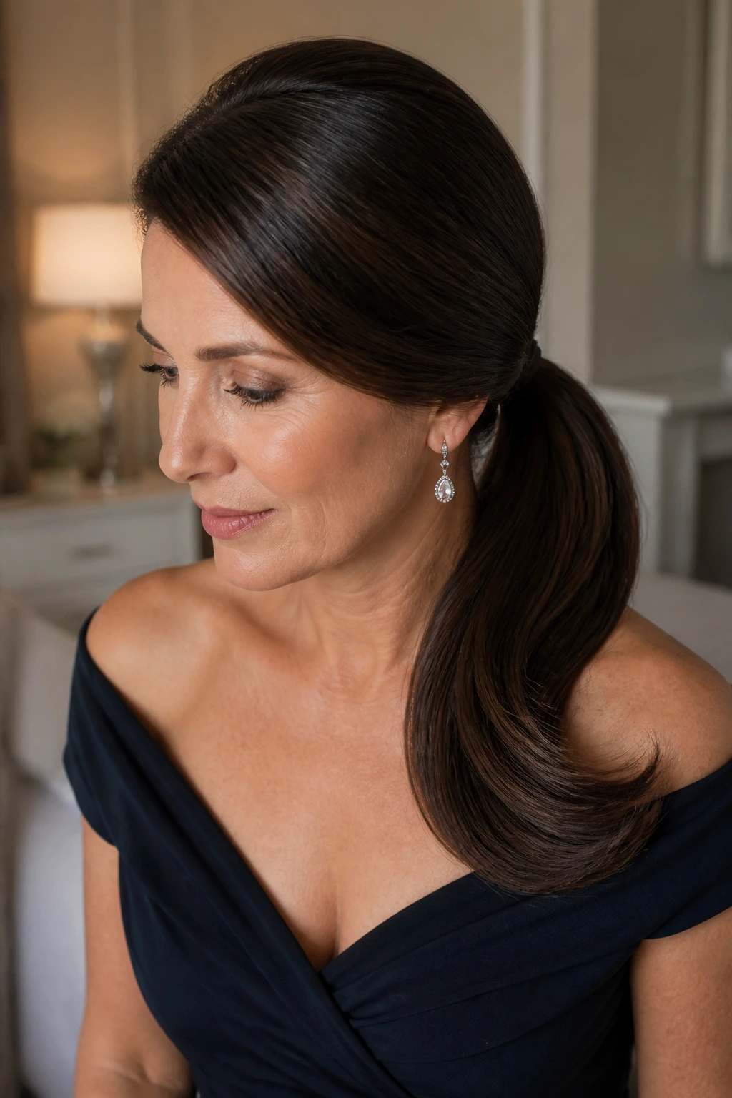 Close-up of a real woman with a side-part ponytail and curved ends in a hotel suite