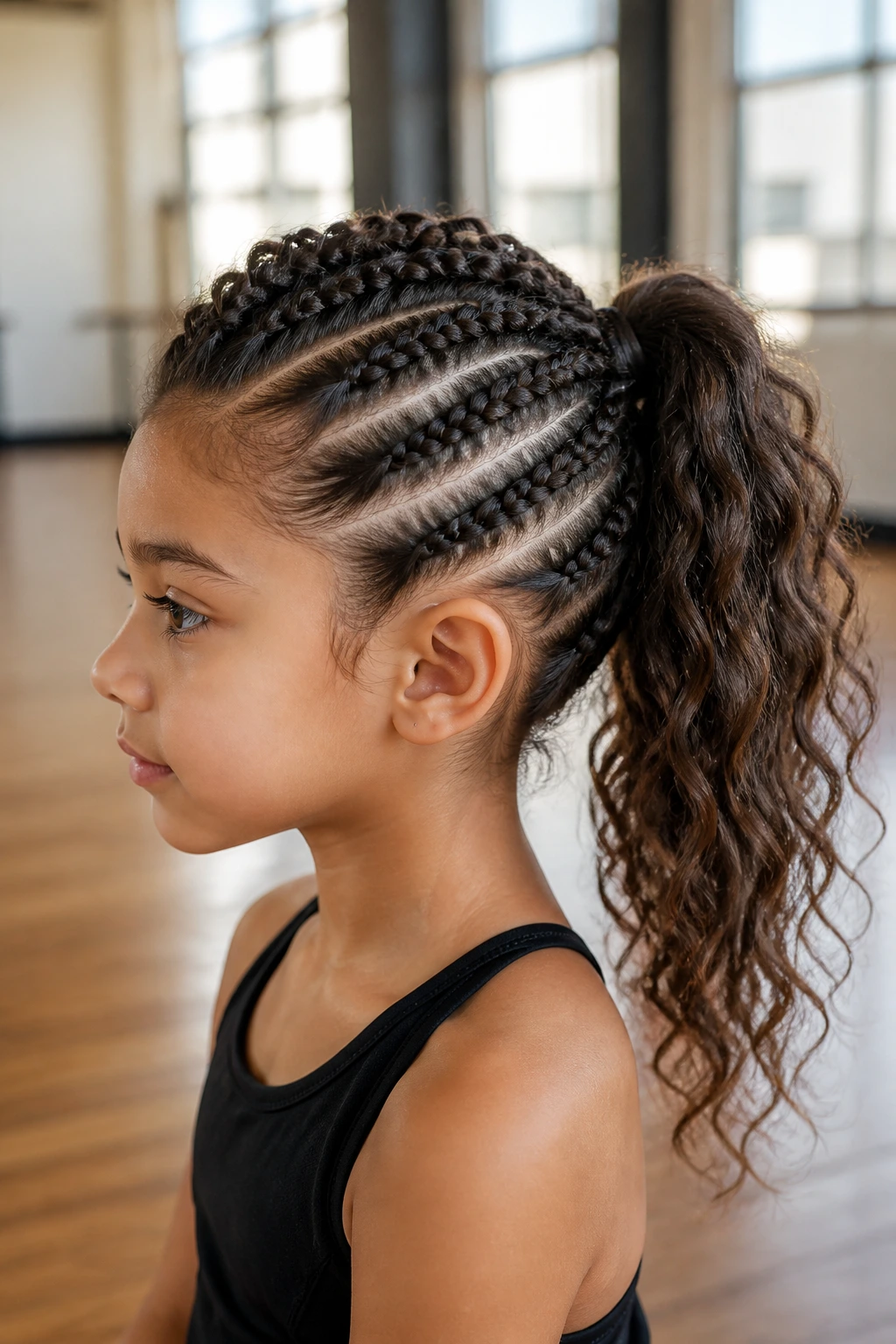 Profile view of a real girl showing a braided ponyhawk hairstyle in a dance studio.