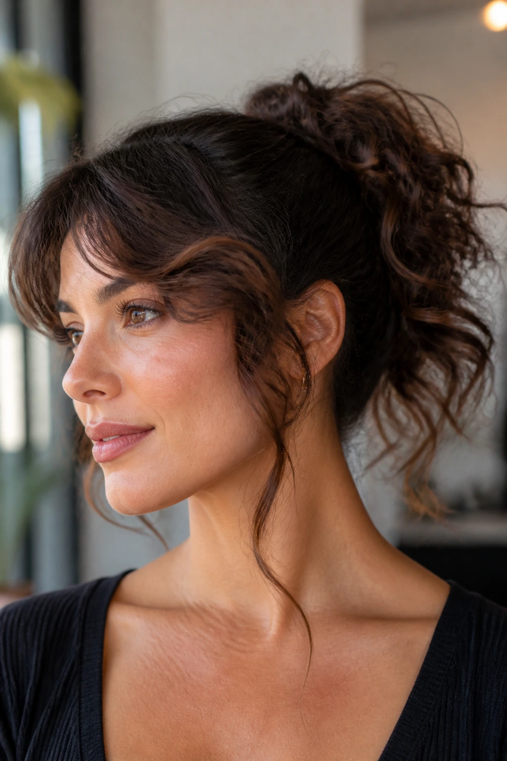 Portrait of a real woman showing long-edged side bangs suitable for ponytails