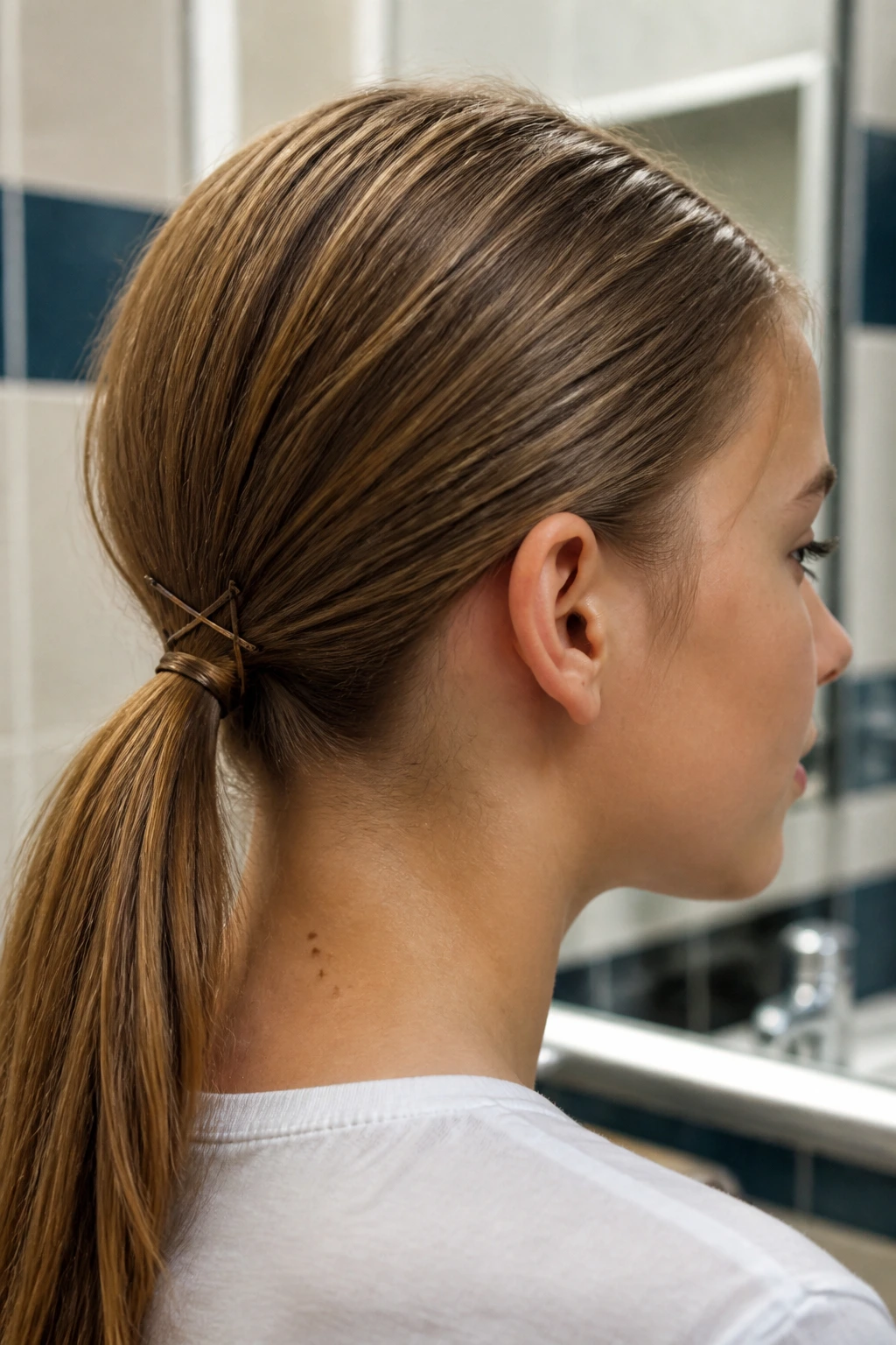 Portrait of a student with a neat low ponytail secured by crossed bobby pins