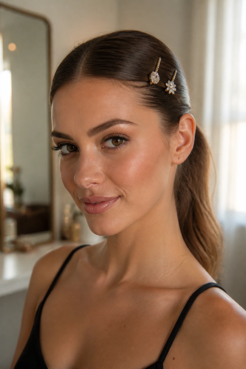 Close-up of a real woman's glossy clipped-back ponytail with two small clips at the temples.