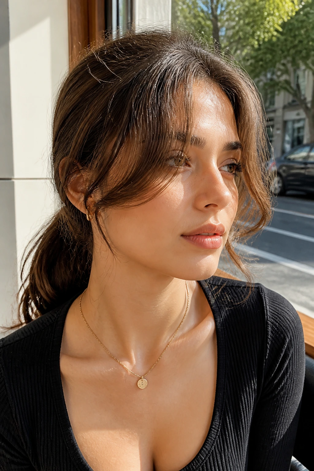 Close-up of a real woman with a low ponytail and curtain bangs