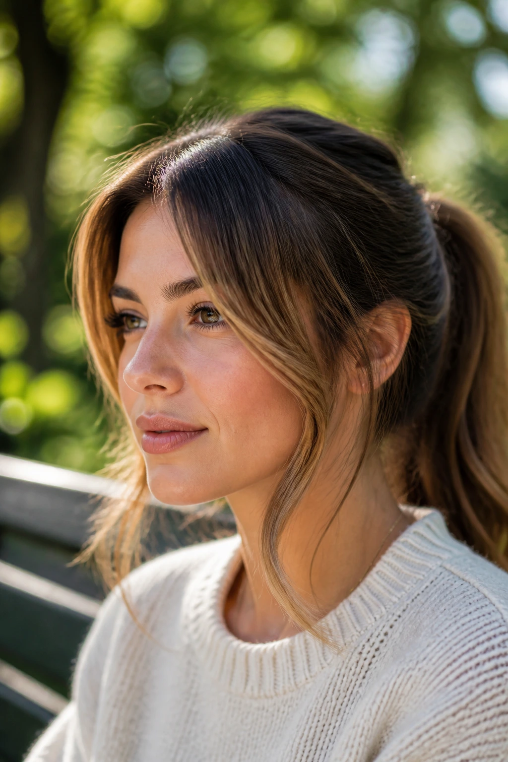 Close-up of a real woman with front pieces escaping a ponytail and framing the face.