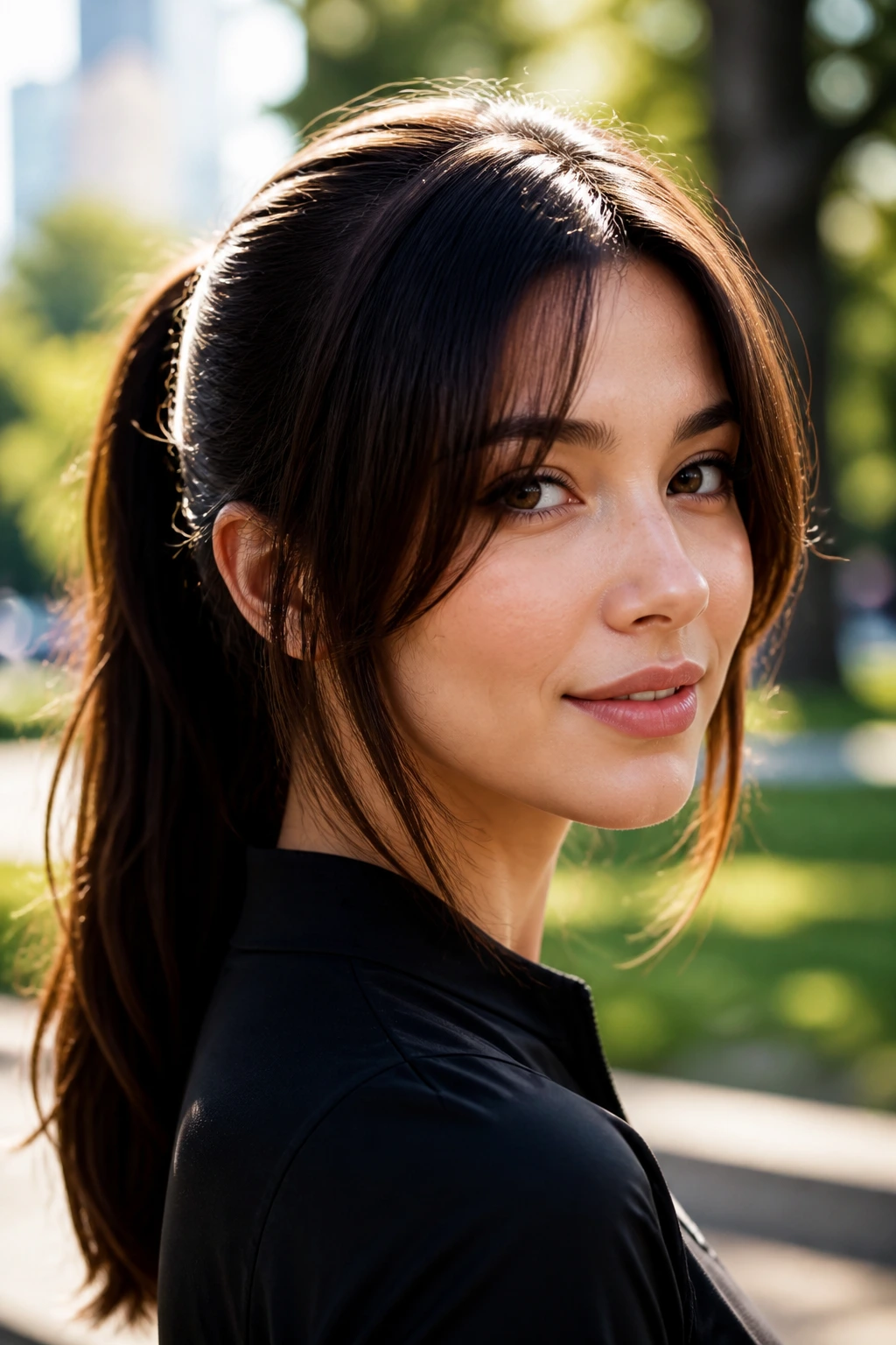 Close-up of a real woman with cheek-length long bangs and a visible ponytail.
