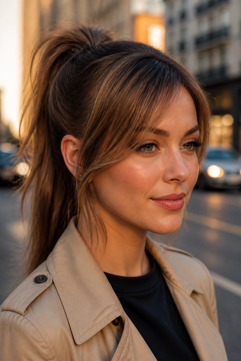 Close-up portrait of a real woman with ponytail fringe framing the face on a city street at golden hour