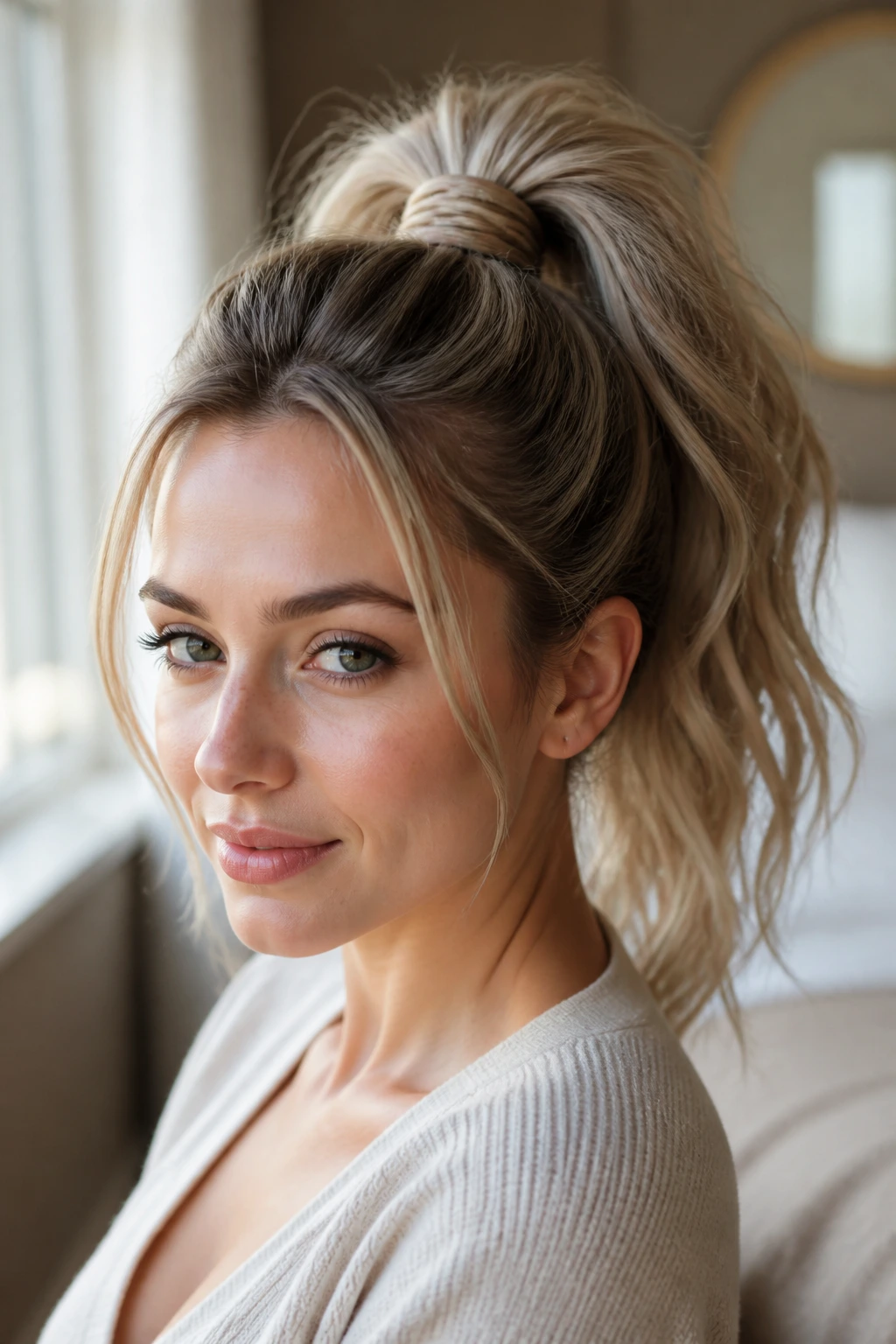 Close-up portrait of a real woman with a tousled high ponytail wrapped base under natural window light.
