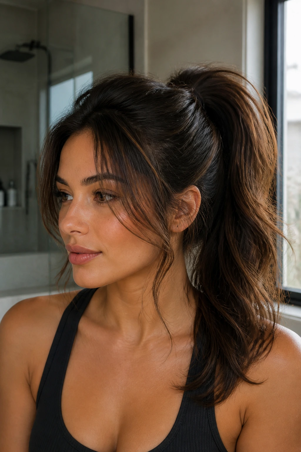 Portrait of a real woman with ponytail-ready layered cut and front-face framing