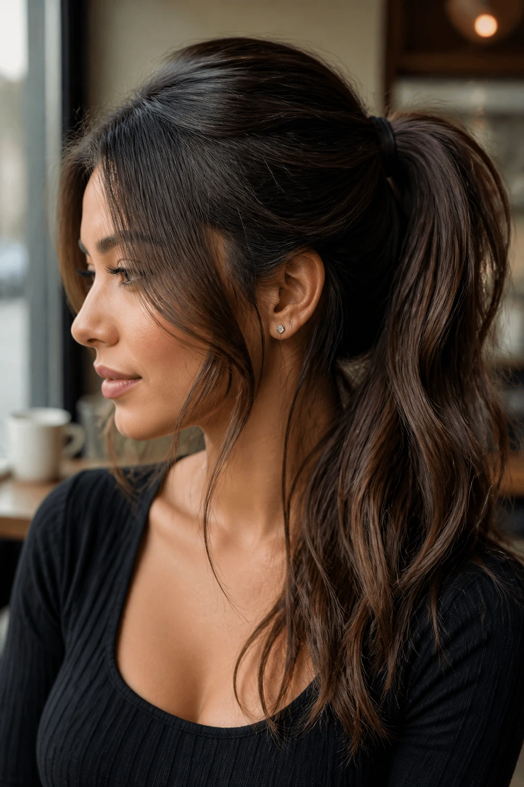 Real woman with long layered hair styled into a ponytail and cheekbone-length front pieces
